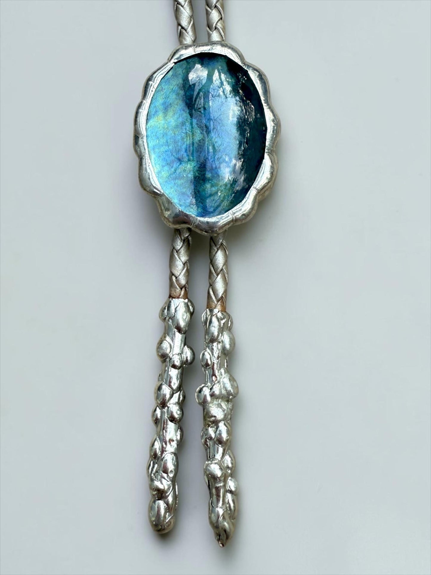 Whimsigoth Blue Stained Glass Bolo Tie – Handmade Western Statement Necklace | Whimsical Jewelry for Festival Fashion, Celestial Fairy Vibes
