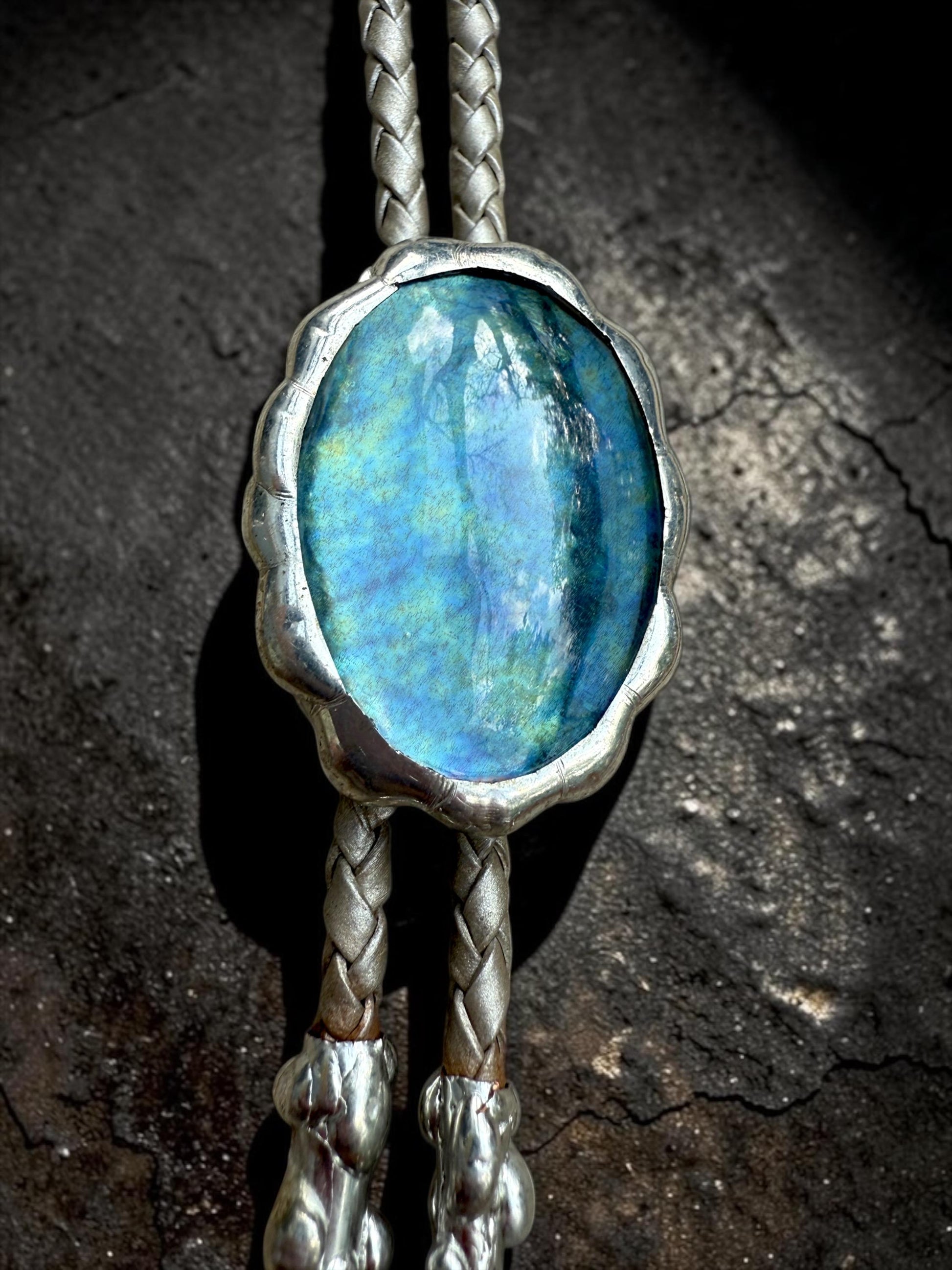 Whimsigoth Blue Stained Glass Bolo Tie – Handmade Western Statement Necklace | Whimsical Jewelry for Festival Fashion, Celestial Fairy Vibes