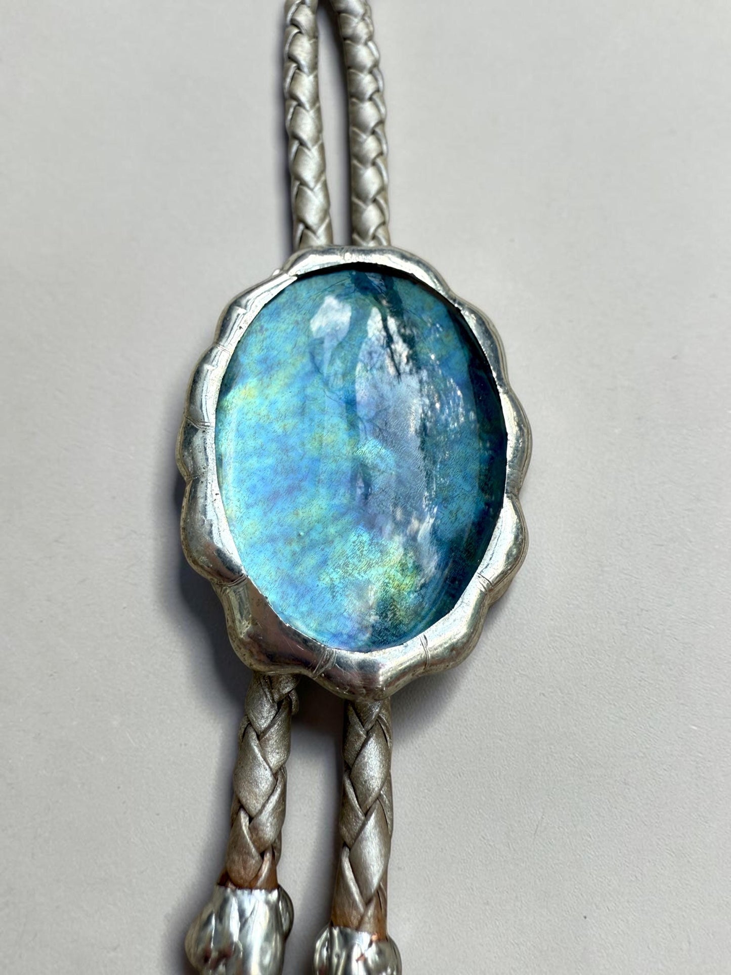 Whimsigoth Blue Stained Glass Bolo Tie – Handmade Western Statement Necklace | Whimsical Jewelry for Festival Fashion, Celestial Fairy Vibes