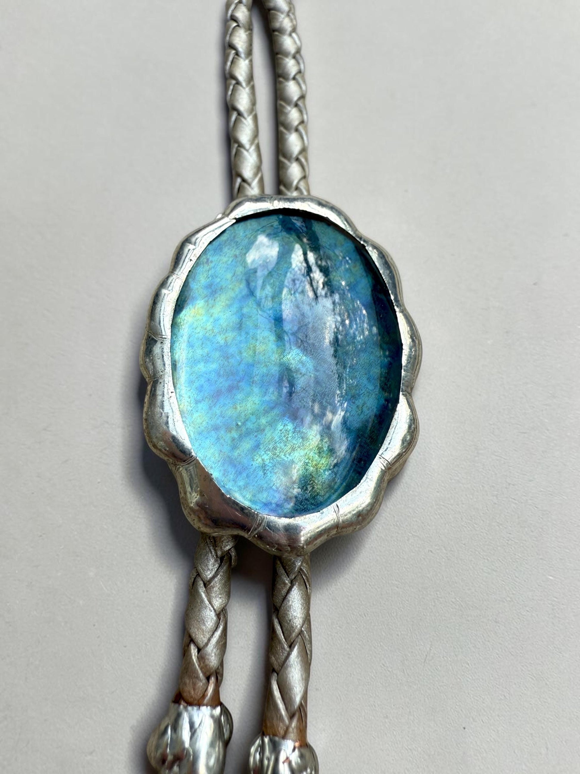 Whimsigoth Blue Stained Glass Bolo Tie – Handmade Western Statement Necklace | Whimsical Jewelry for Festival Fashion, Celestial Fairy Vibes