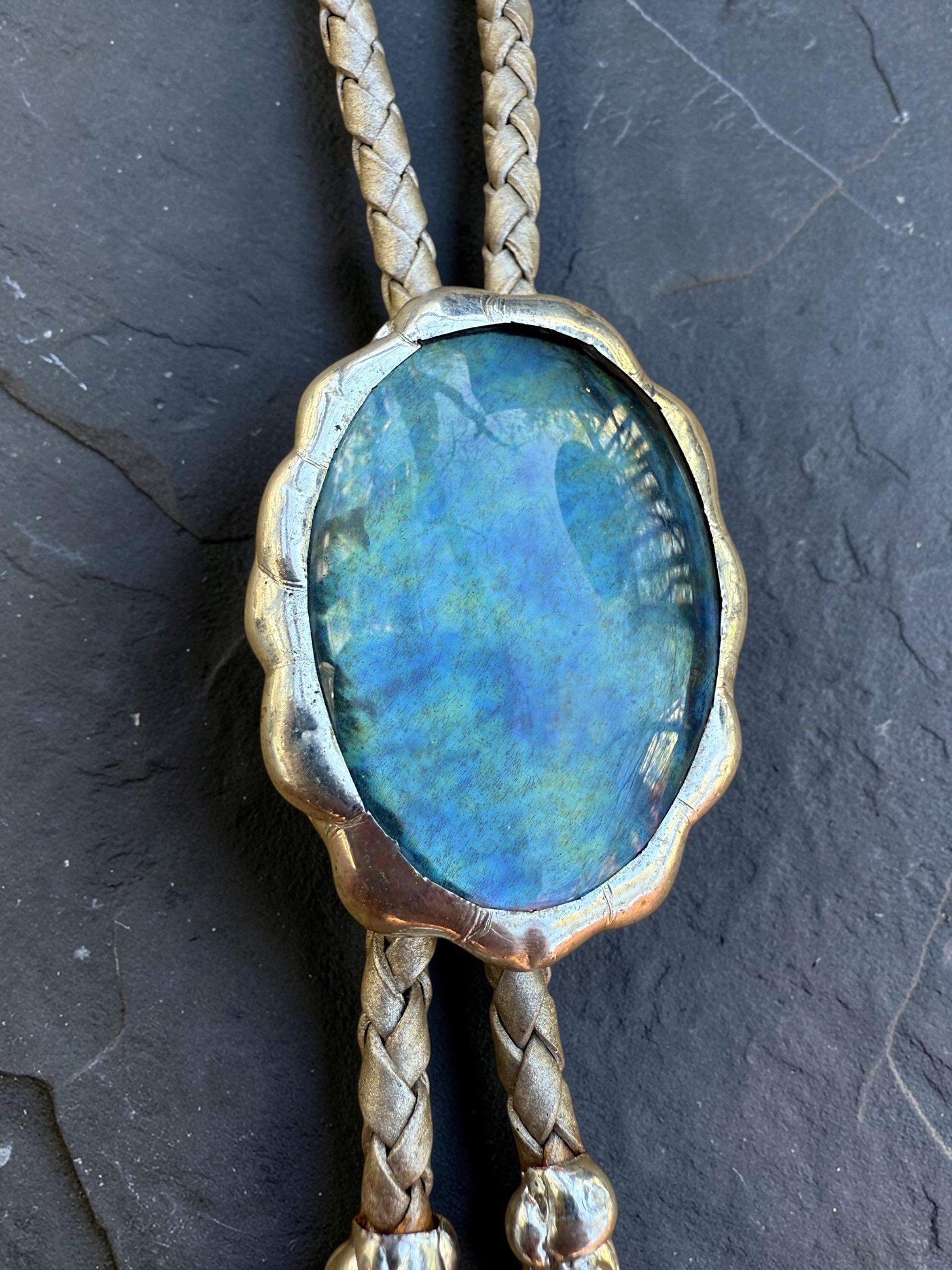 Whimsigoth Blue Stained Glass Bolo Tie – Handmade Western Statement Necklace | Whimsical Jewelry for Festival Fashion, Celestial Fairy Vibes