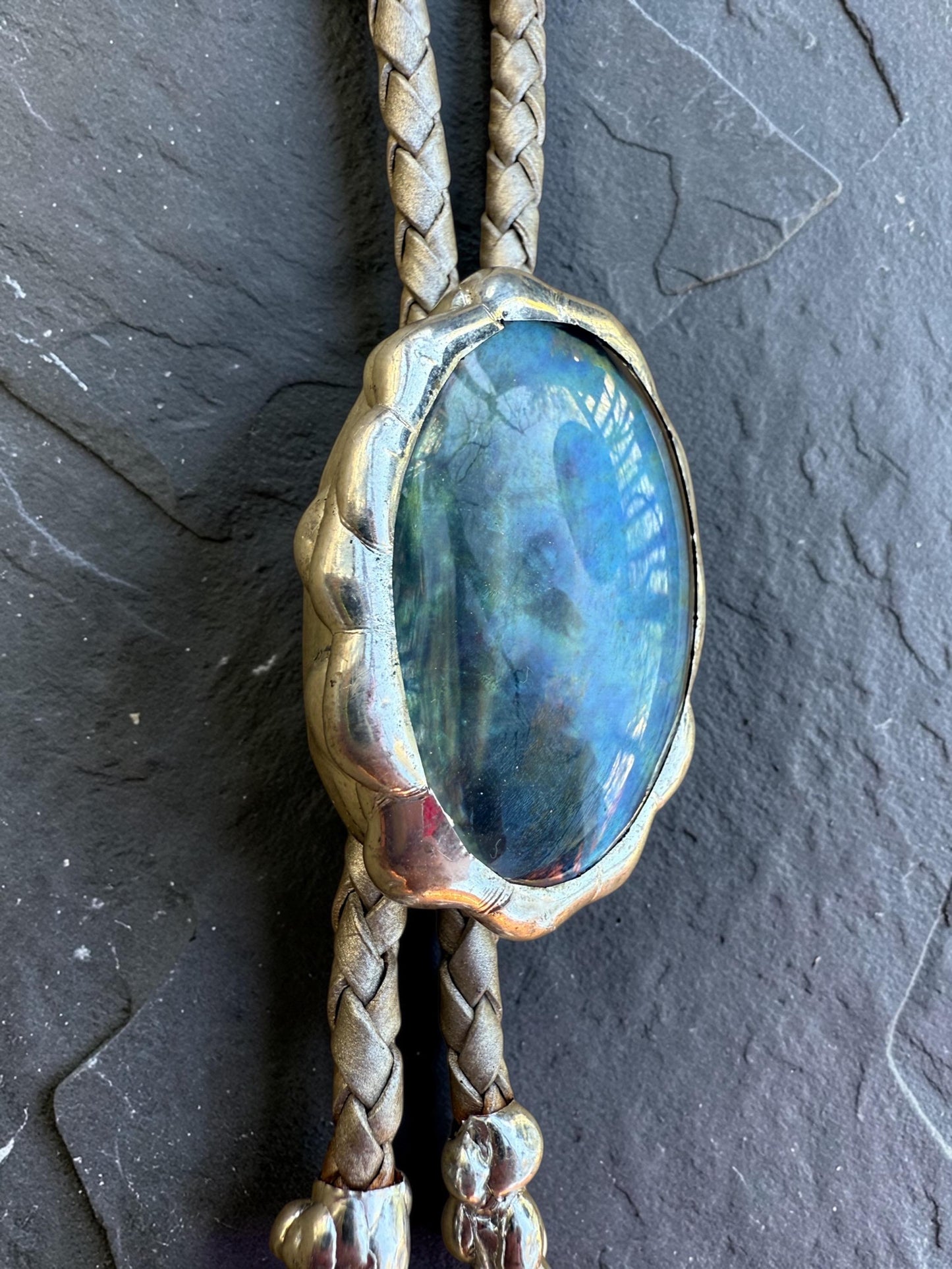 Whimsigoth Blue Stained Glass Bolo Tie – Handmade Western Statement Necklace | Whimsical Jewelry for Festival Fashion, Celestial Fairy Vibes