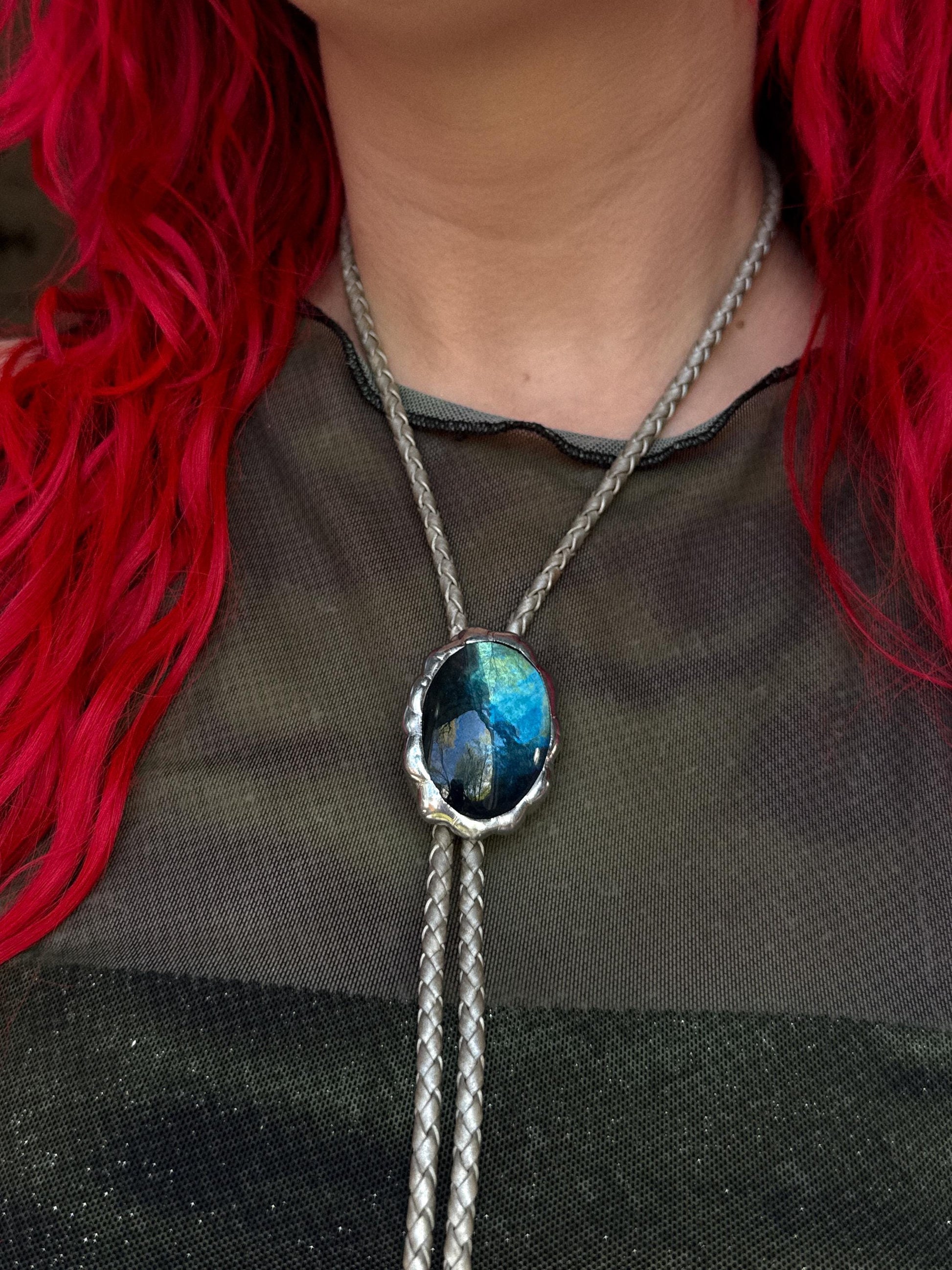 Whimsigoth Blue Stained Glass Bolo Tie – Handmade Western Statement Necklace | Whimsical Jewelry for Festival Fashion, Celestial Fairy Vibes