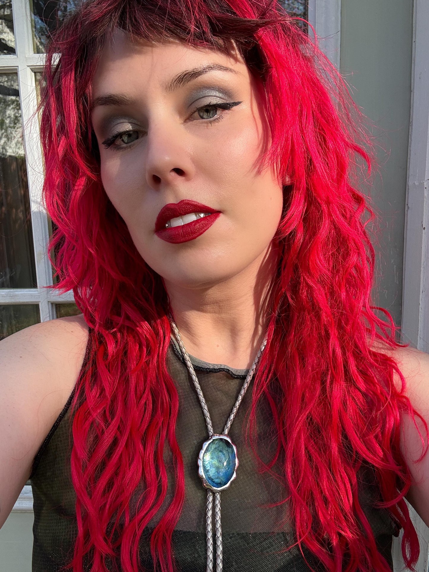 Whimsigoth Blue Stained Glass Bolo Tie – Handmade Western Statement Necklace | Whimsical Jewelry for Festival Fashion, Celestial Fairy Vibes