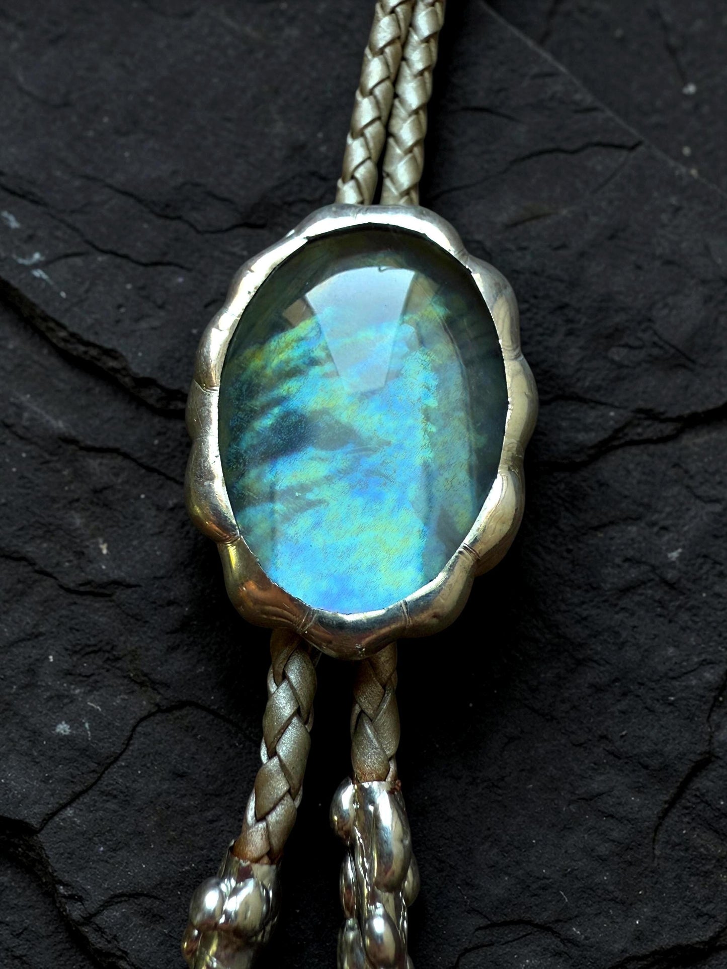 Whimsigoth Blue Stained Glass Bolo Tie – Handmade Western Statement Necklace | Whimsical Jewelry for Festival Fashion, Celestial Fairy Vibes