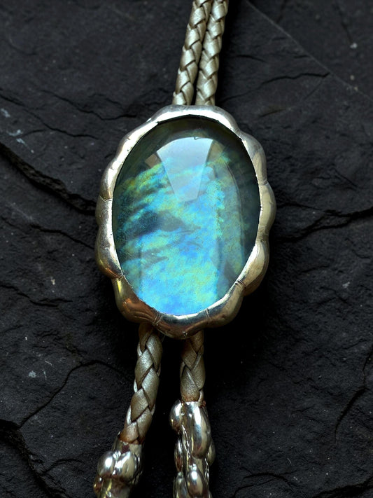 Whimsigoth Blue Stained Glass Bolo Tie – Handmade Western Statement Necklace | Whimsical Jewelry for Festival Fashion, Celestial Fairy Vibes