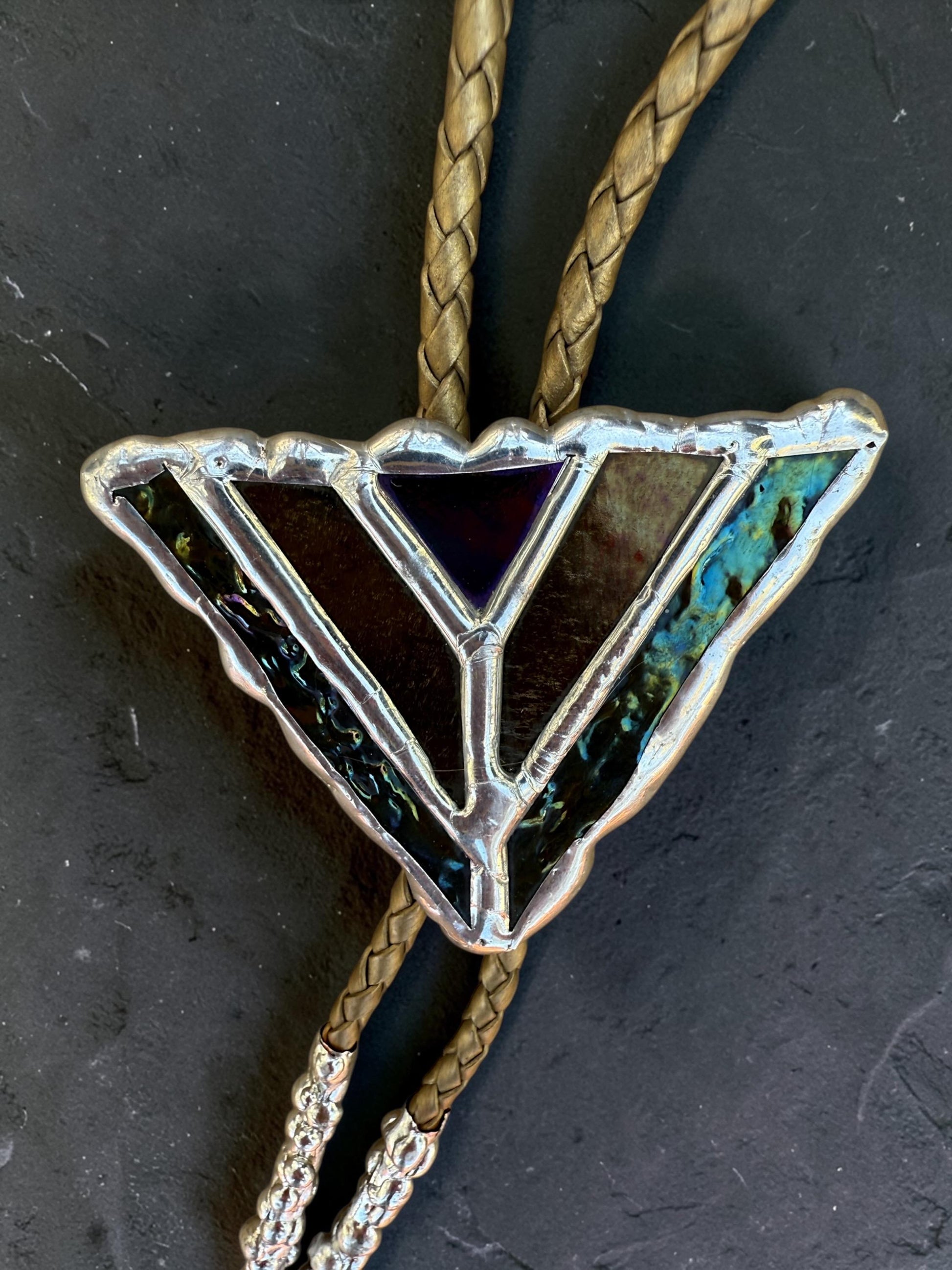 Art Deco Stained Glass Bolo Tie – Whimsigoth Handmade Western Statement Necklace – Whimsical Jewelry for Festival Fashion + Celestial Vibes