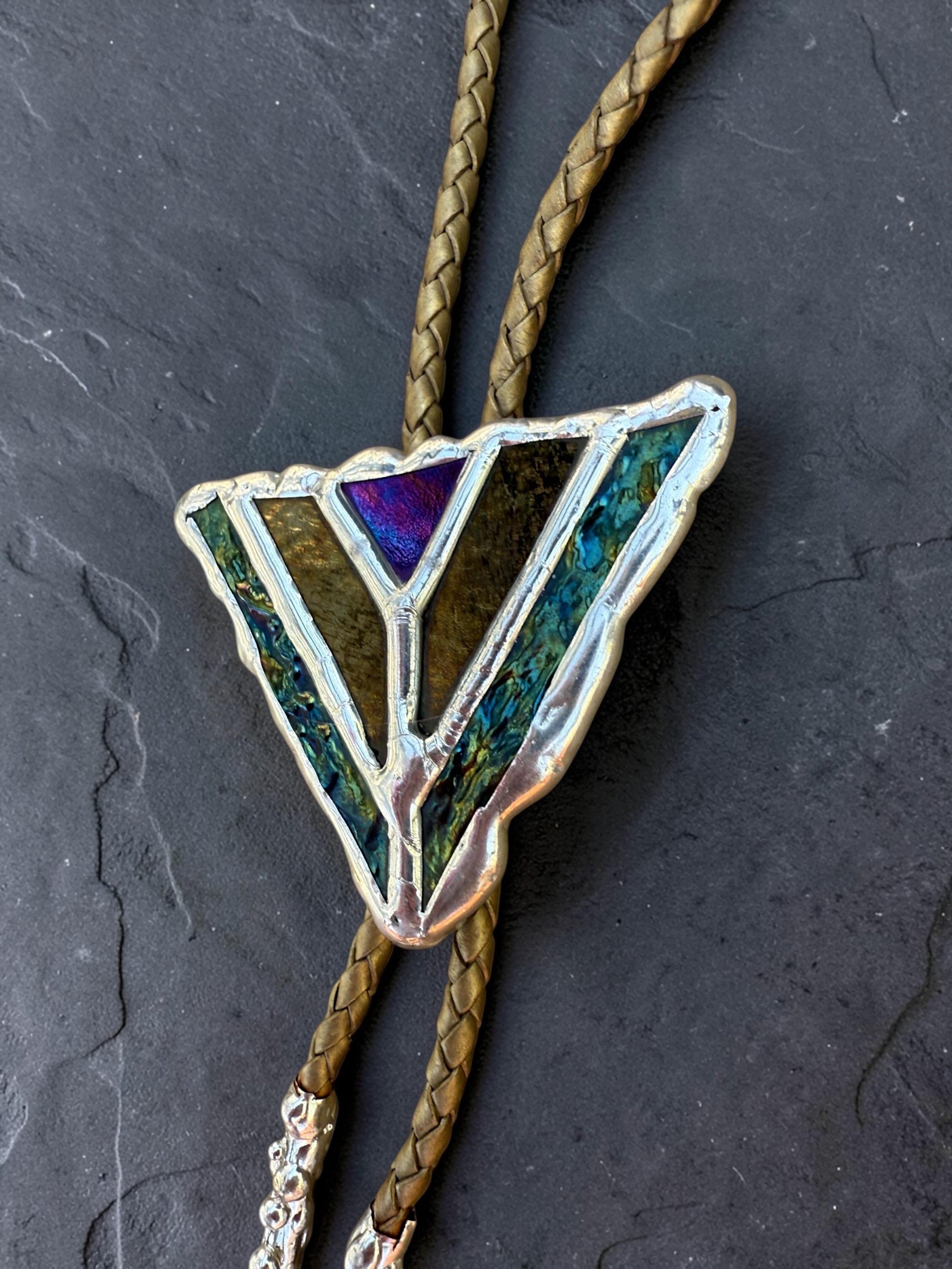 Art Deco Stained Glass Bolo Tie – Whimsigoth Handmade Western Statement Necklace – Whimsical Jewelry for Festival Fashion + Celestial Vibes