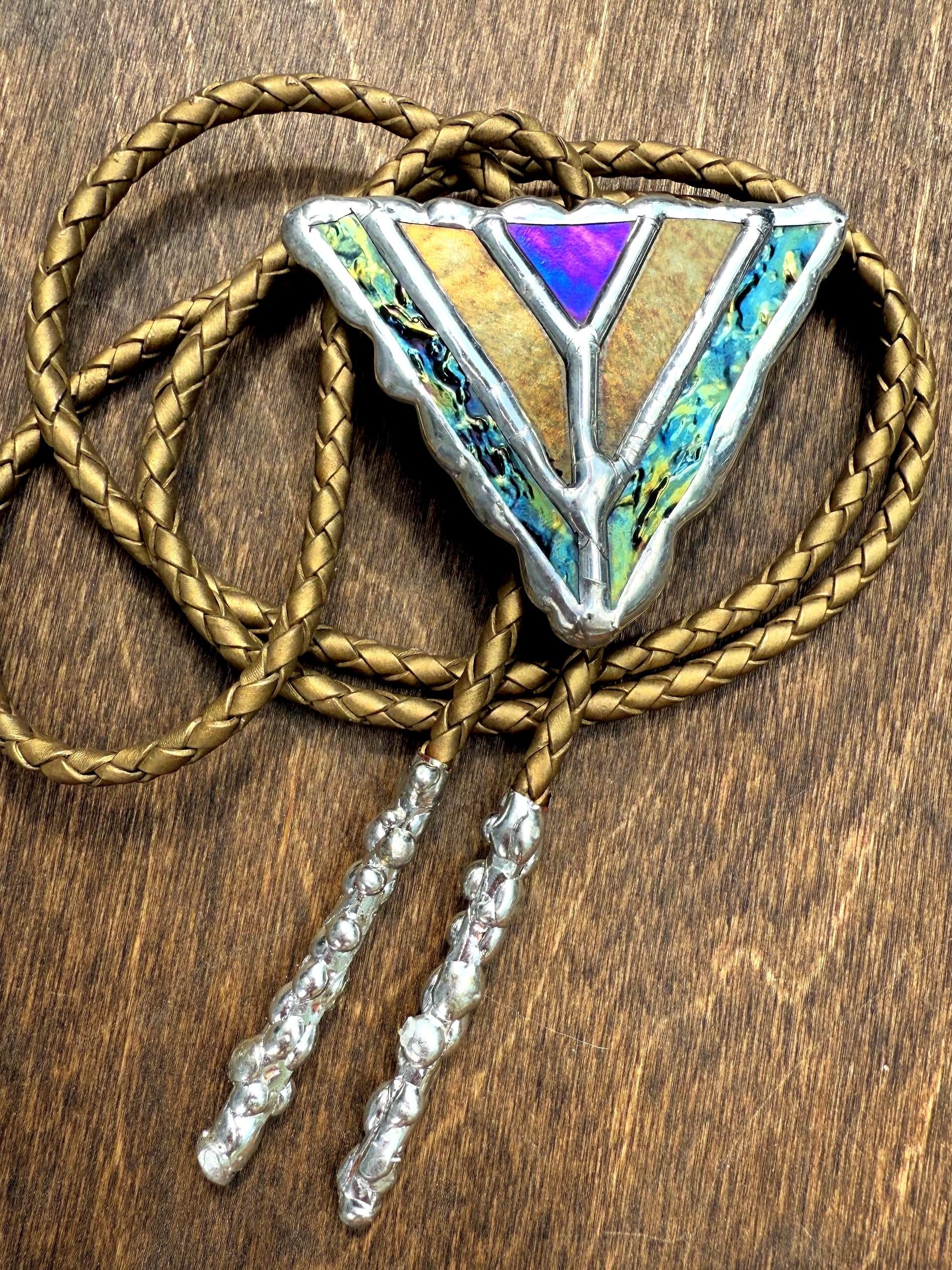 Art Deco Stained Glass Bolo Tie – Whimsigoth Handmade Western Statement Necklace – Whimsical Jewelry for Festival Fashion + Celestial Vibes