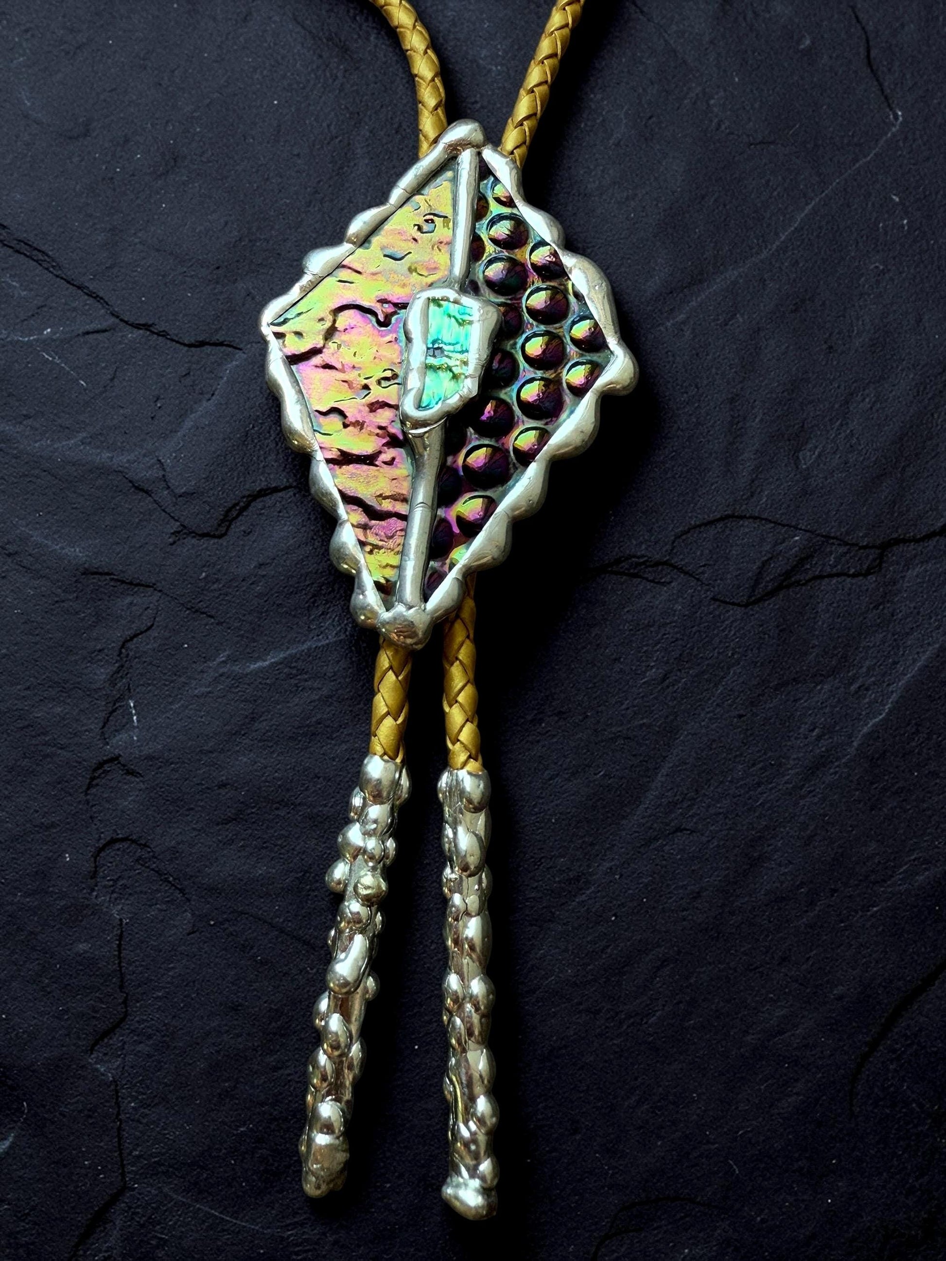Whimsigoth Stained Glass Bolo Tie – Holographic Handmade Western Statement Necklace – Whimsical Jewelry for Celestial Festival Fashion