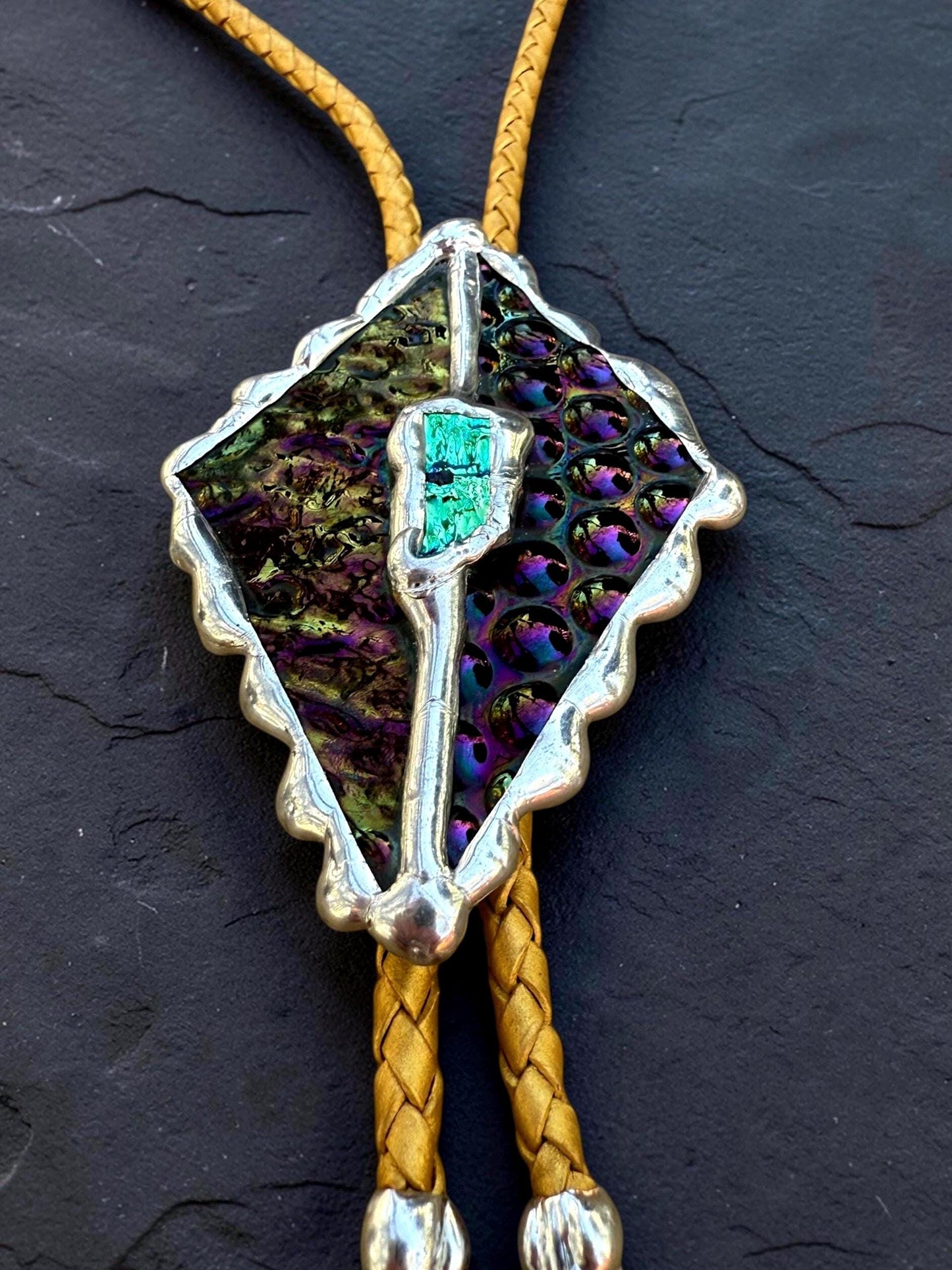 Whimsigoth Stained Glass Bolo Tie – Holographic Handmade Western Statement Necklace – Whimsical Jewelry for Celestial Festival Fashion