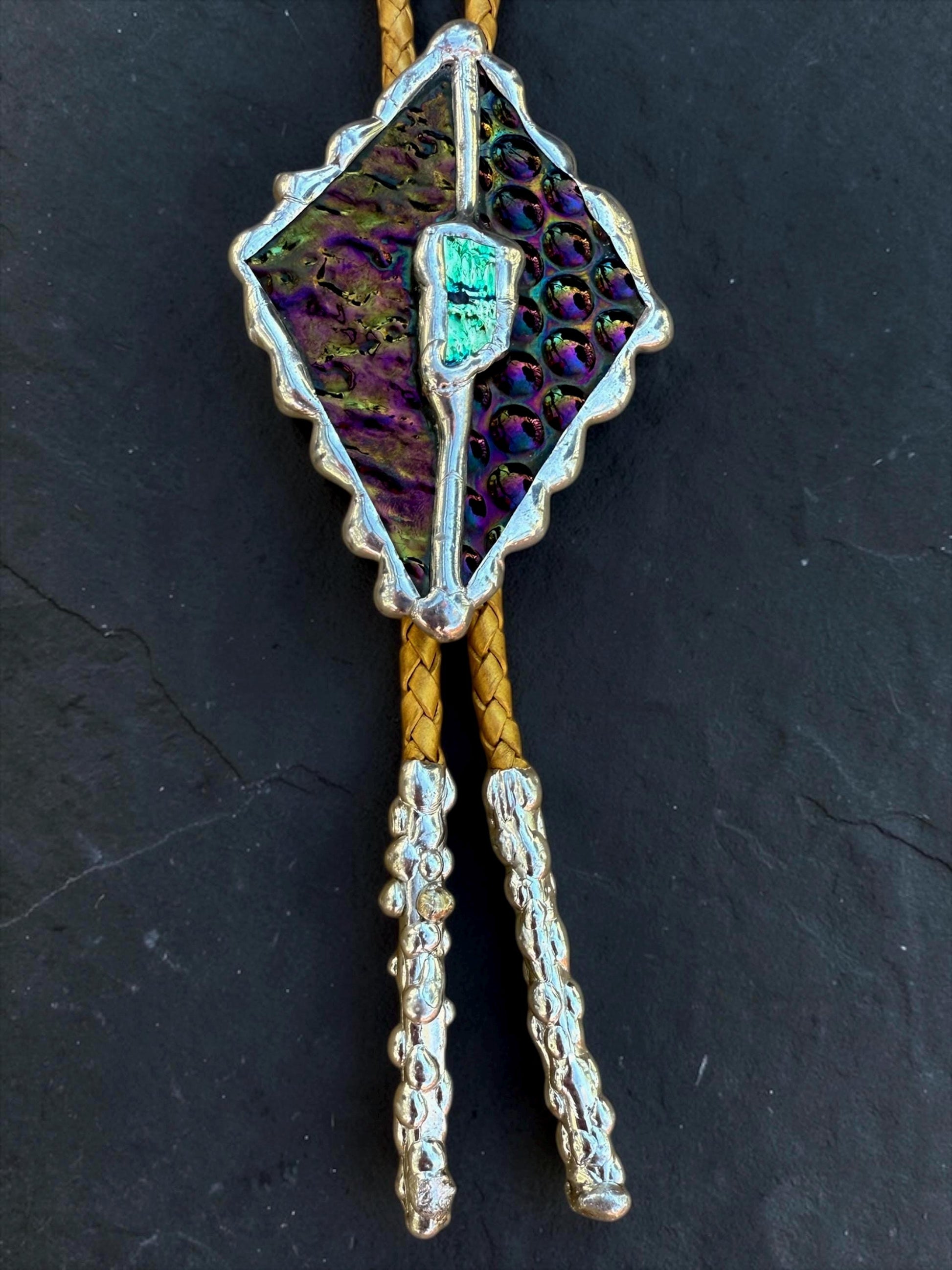 Whimsigoth Stained Glass Bolo Tie – Holographic Handmade Western Statement Necklace – Whimsical Jewelry for Celestial Festival Fashion