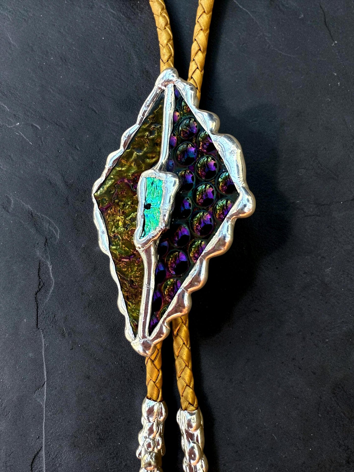 Whimsigoth Stained Glass Bolo Tie – Holographic Handmade Western Statement Necklace – Whimsical Jewelry for Celestial Festival Fashion