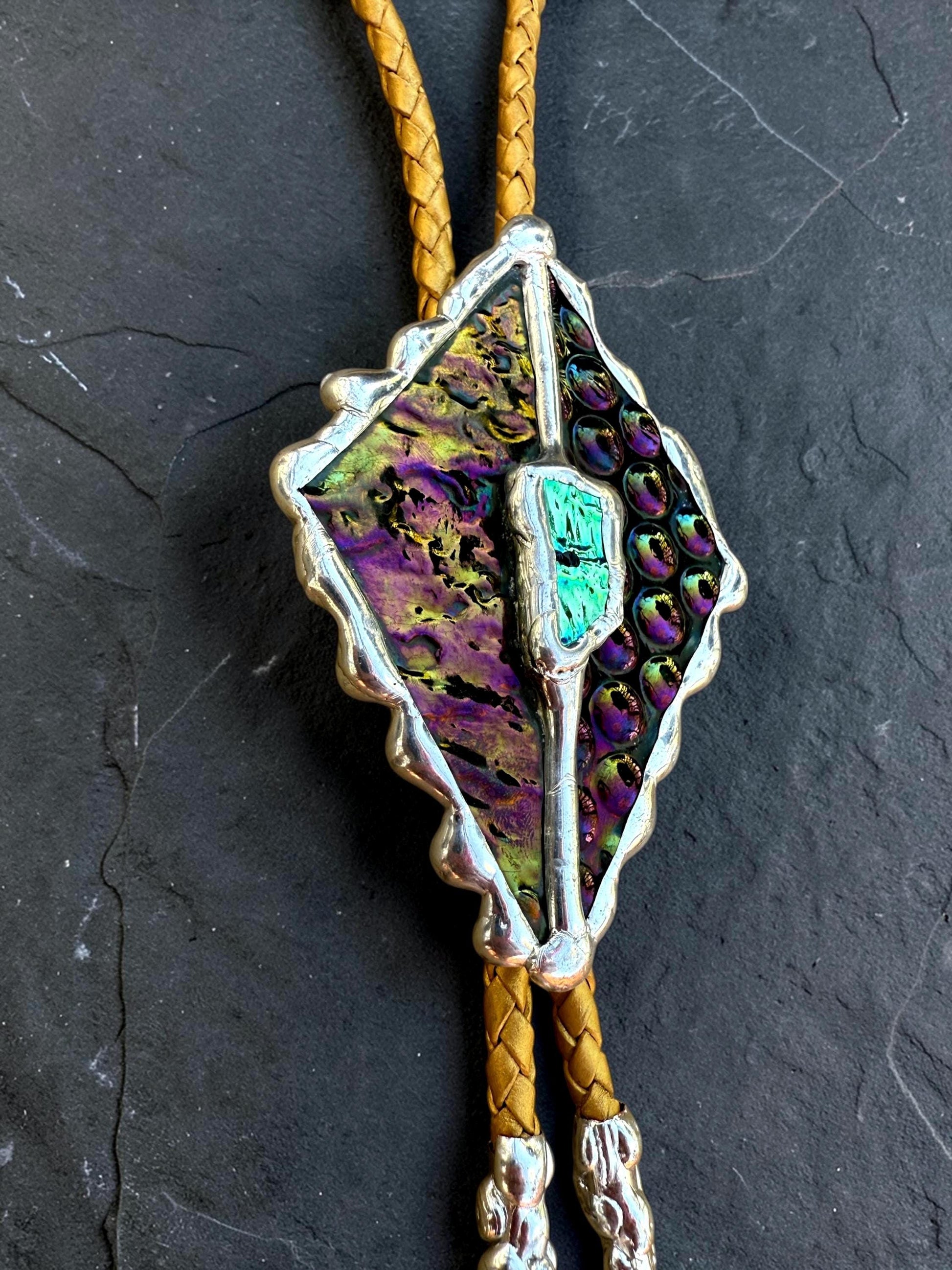 Whimsigoth Stained Glass Bolo Tie – Holographic Handmade Western Statement Necklace – Whimsical Jewelry for Celestial Festival Fashion