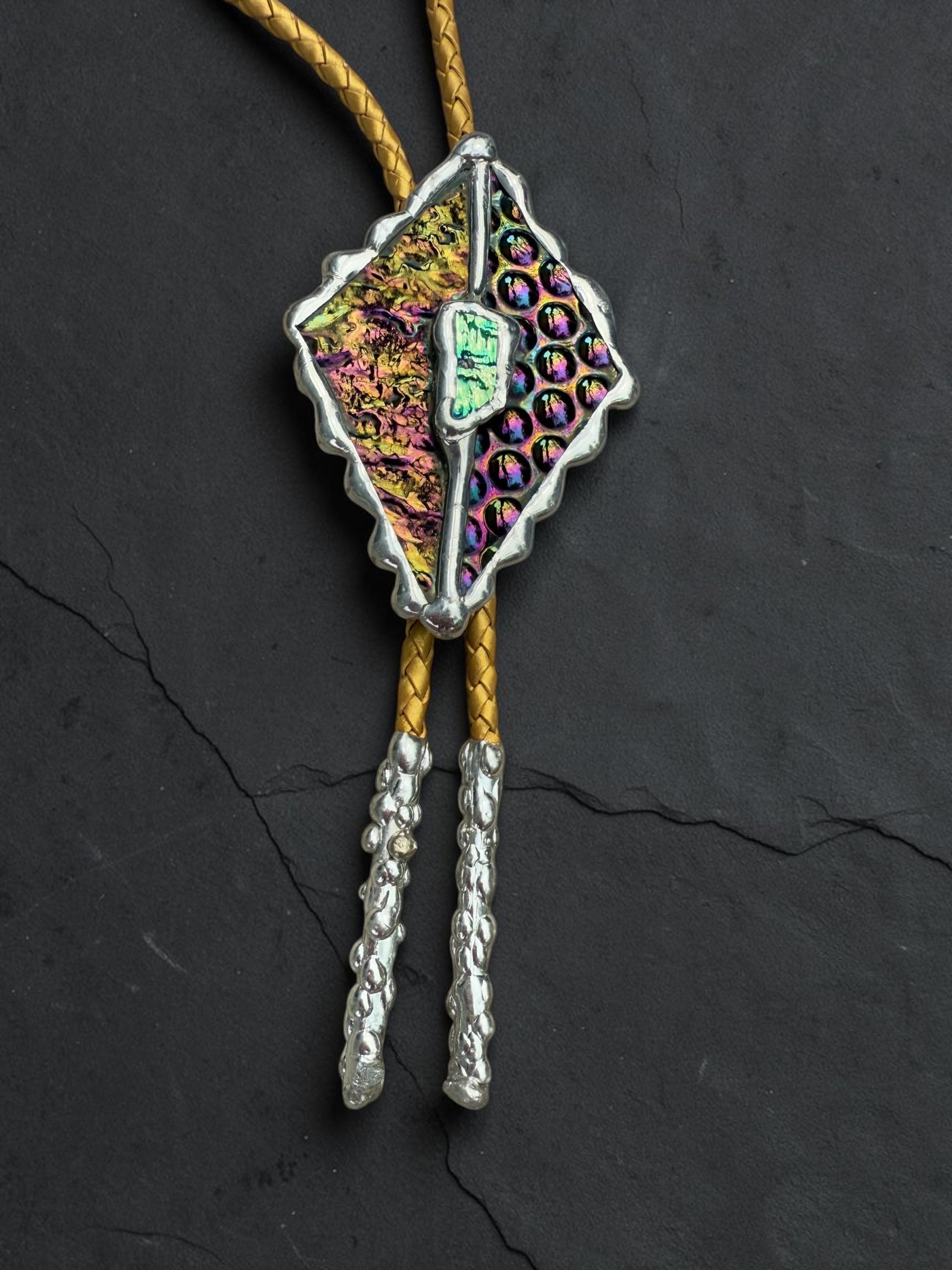 Whimsigoth Stained Glass Bolo Tie – Holographic Handmade Western Statement Necklace – Whimsical Jewelry for Celestial Festival Fashion