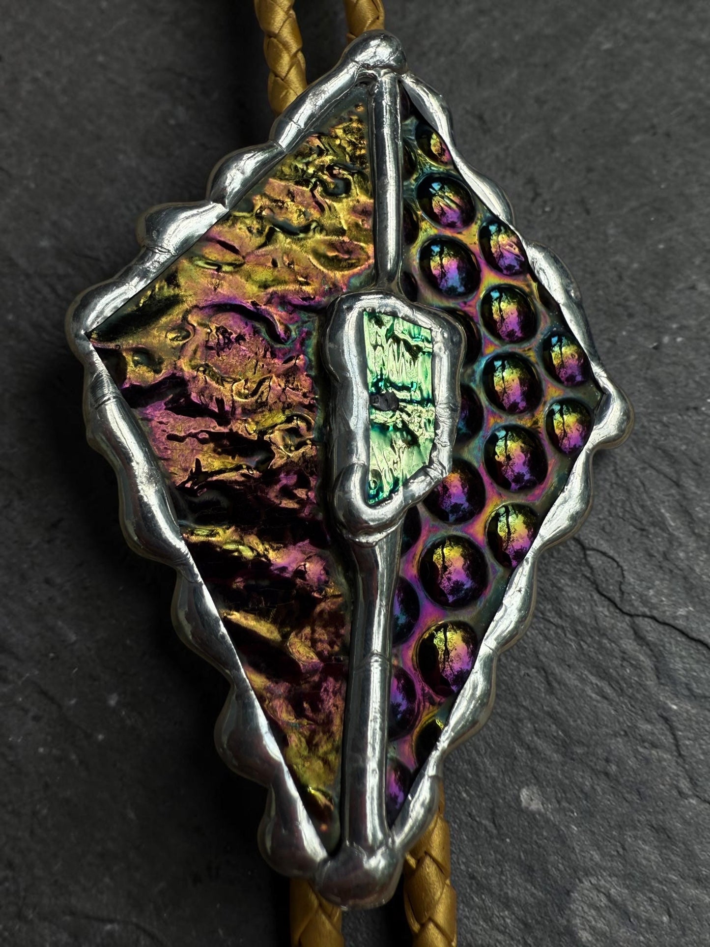 Whimsigoth Stained Glass Bolo Tie – Holographic Handmade Western Statement Necklace – Whimsical Jewelry for Celestial Festival Fashion