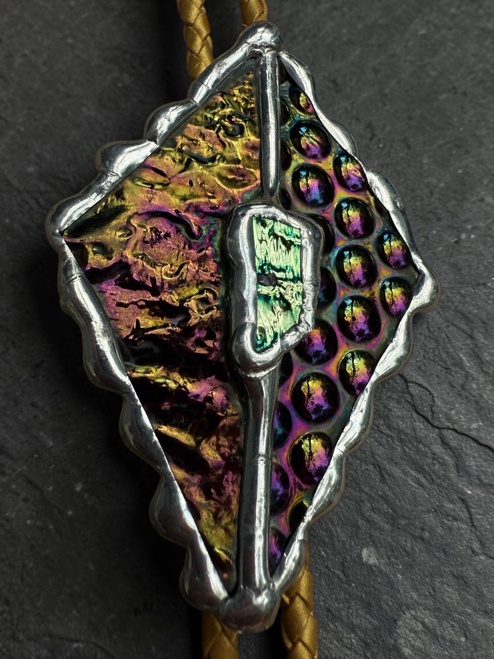 Whimsigoth Stained Glass Bolo Tie – Holographic Handmade Western Statement Necklace – Whimsical Jewelry for Celestial Festival Fashion