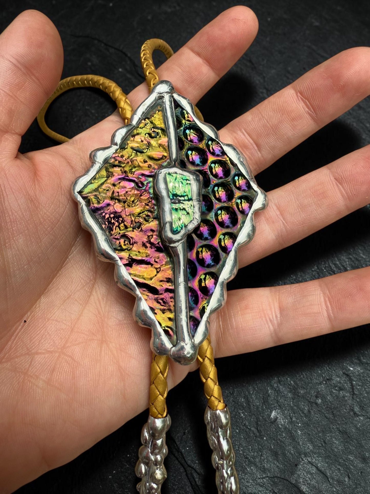 Whimsigoth Stained Glass Bolo Tie – Holographic Handmade Western Statement Necklace – Whimsical Jewelry for Celestial Festival Fashion