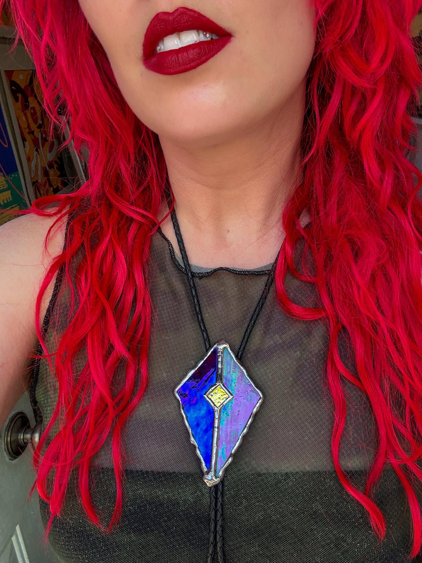 Whimsigoth Stained Glass Bolo Tie – Holographic Handmade Western Statement Necklace – Whimsical Jewelry for Celestial Festival Fashion