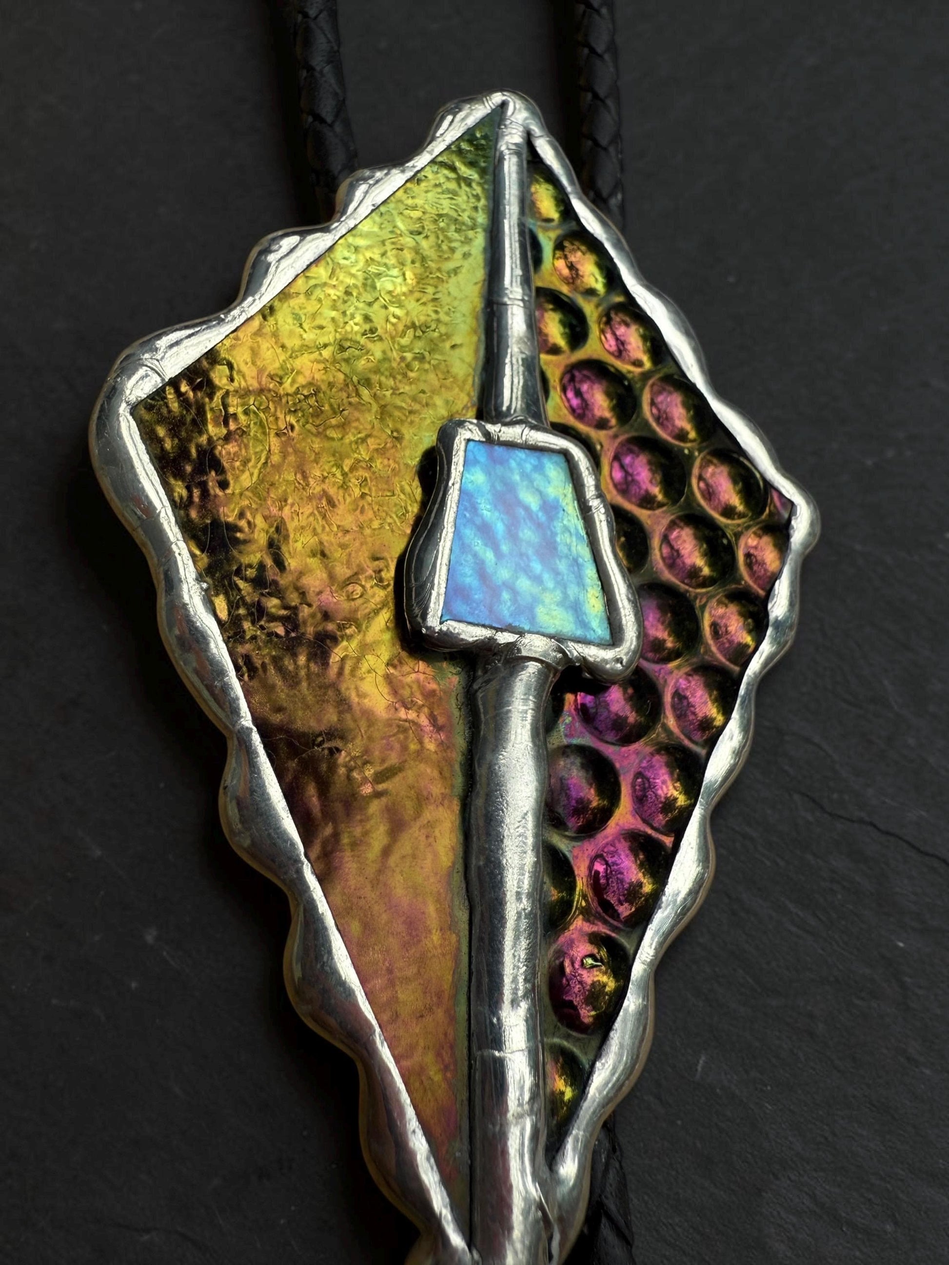 Whimsigoth Stained Glass Bolo Tie – Holographic Handmade Western Statement Necklace – Whimsical Jewelry for Celestial Festival Fashion