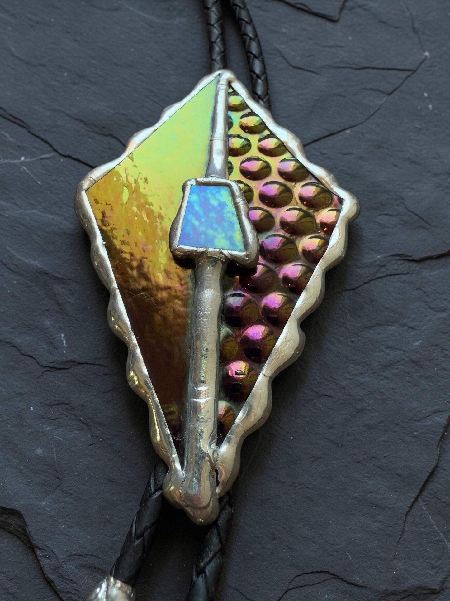 Whimsigoth Stained Glass Bolo Tie – Holographic Handmade Western Statement Necklace – Whimsical Jewelry for Celestial Festival Fashion