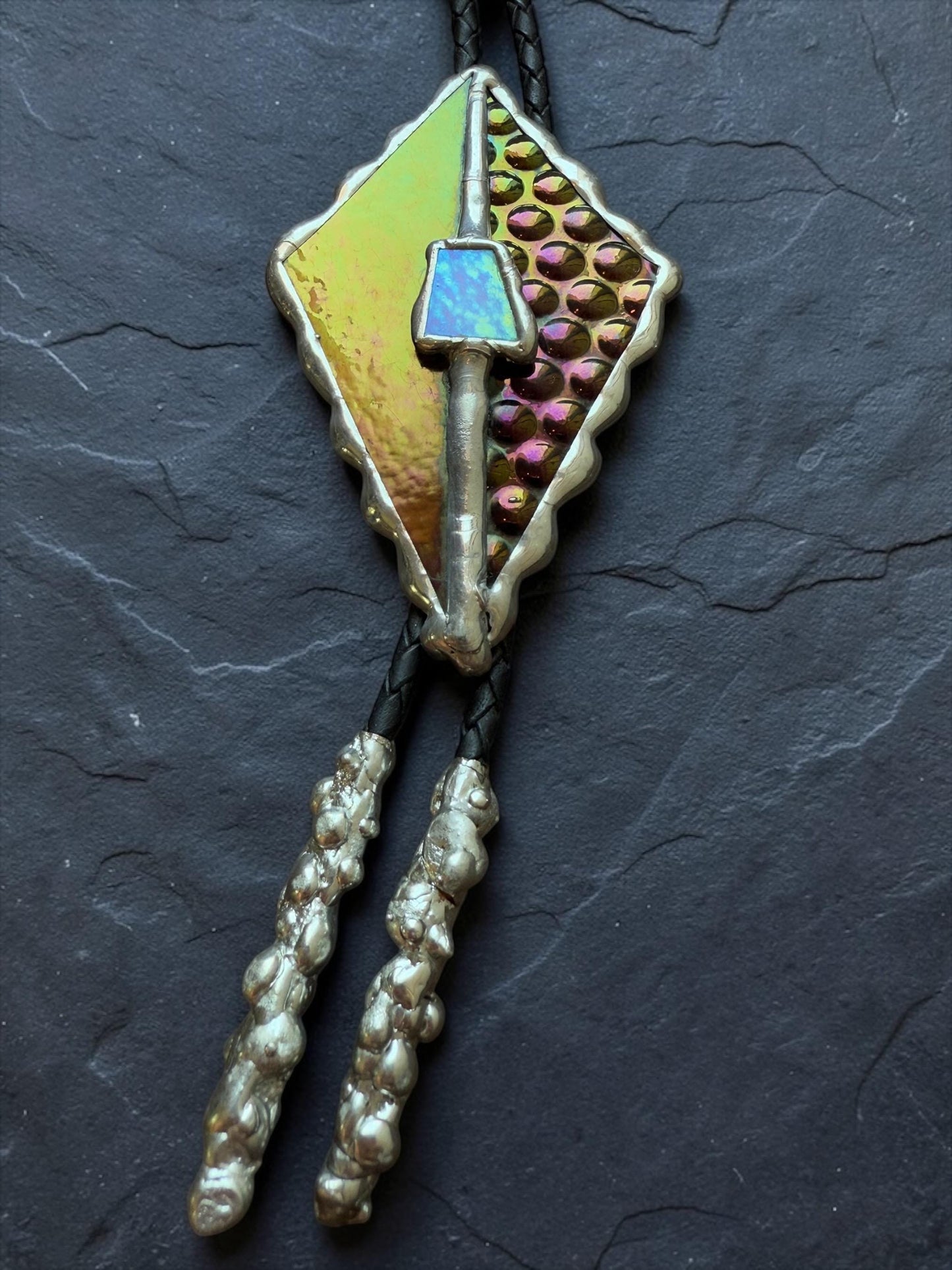 Whimsigoth Stained Glass Bolo Tie – Holographic Handmade Western Statement Necklace – Whimsical Jewelry for Celestial Festival Fashion