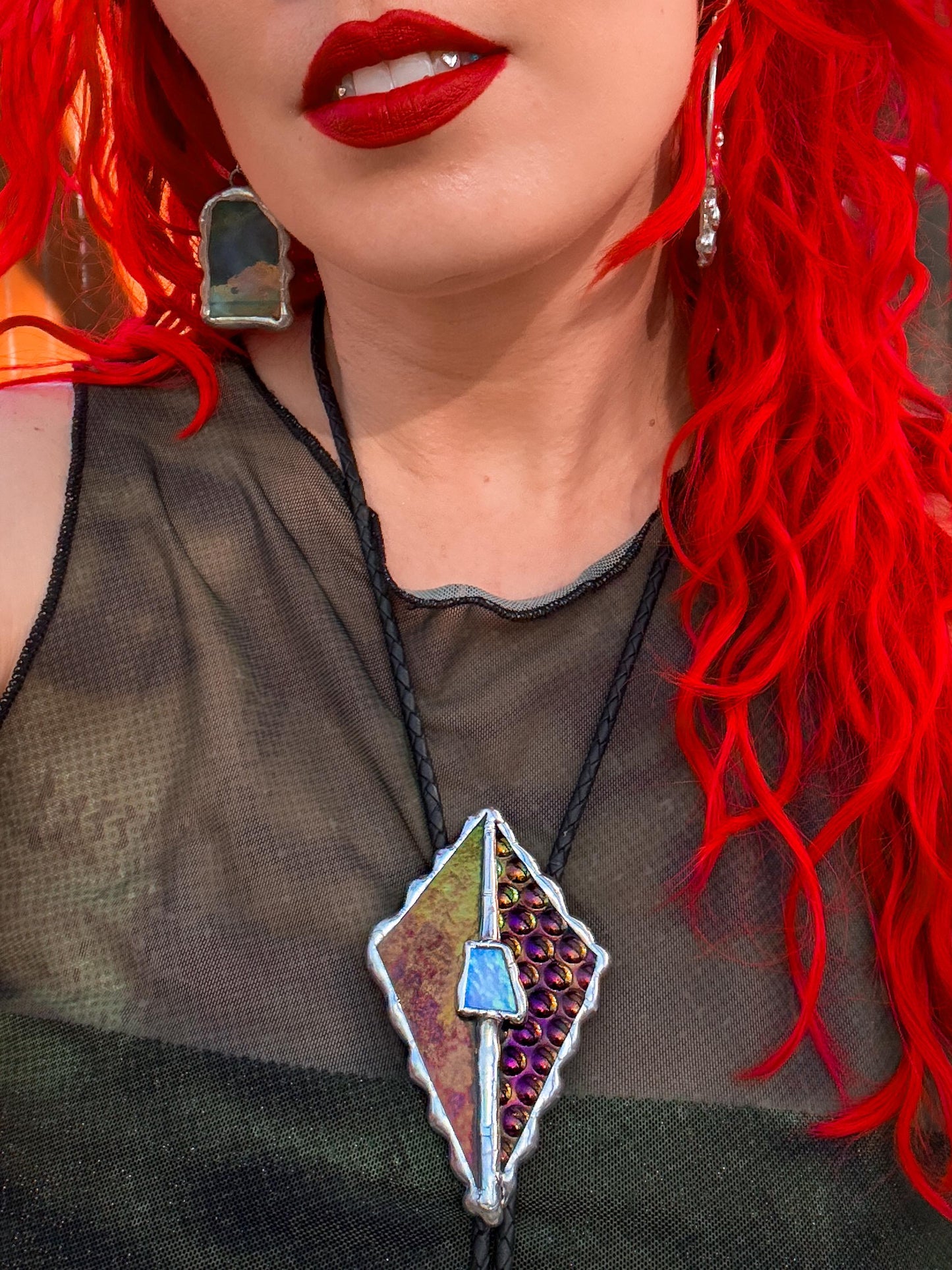 Whimsigoth Stained Glass Bolo Tie – Holographic Handmade Western Statement Necklace – Whimsical Jewelry for Celestial Festival Fashion