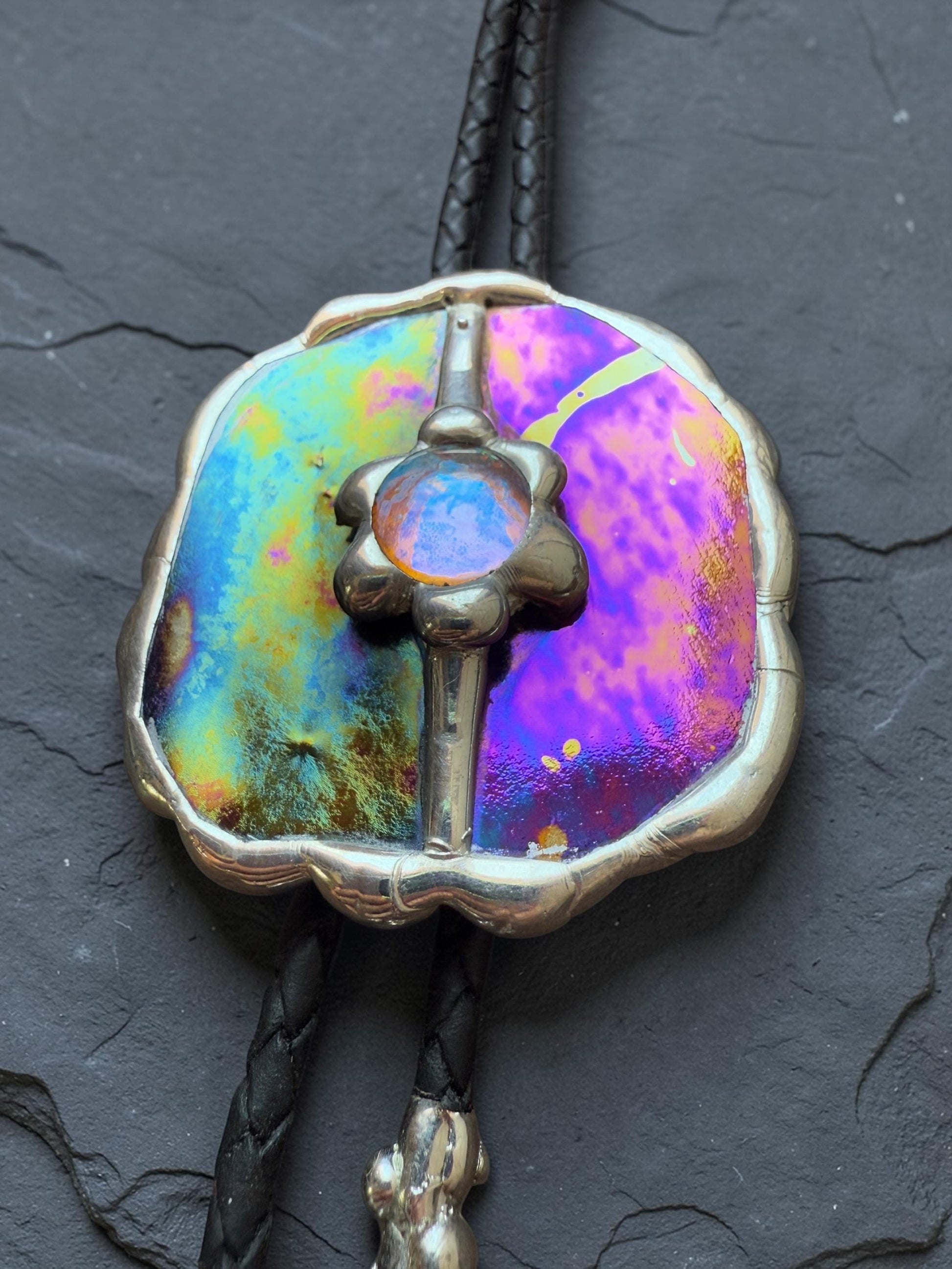 Celestial Stained Glass Bolo Tie – Holographic Handmade Western Statement Necklace – Fantasy Jewelry for Whimsigoth Festival Fashion