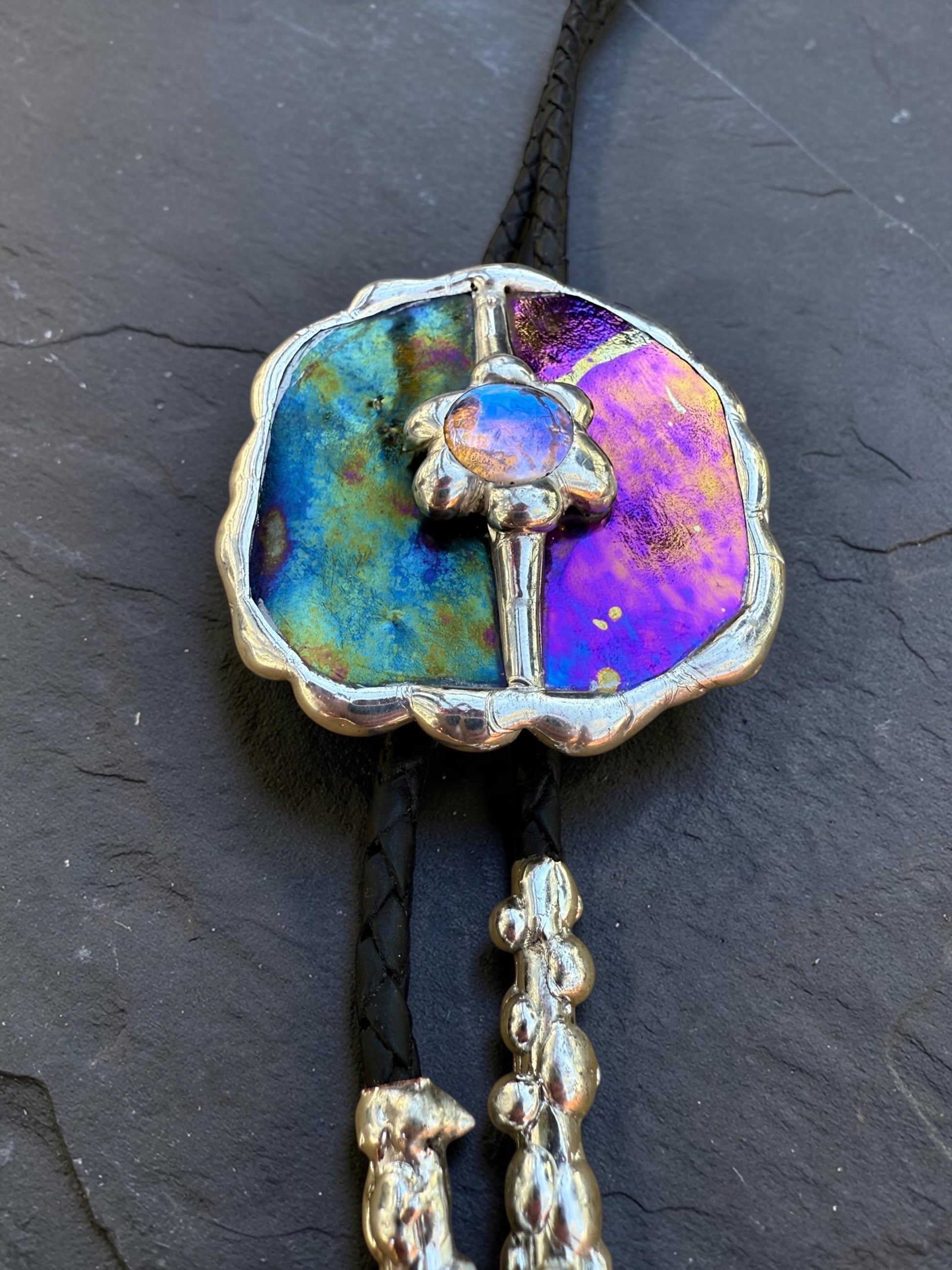 Celestial Stained Glass Bolo Tie – Holographic Handmade Western Statement Necklace – Fantasy Jewelry for Whimsigoth Festival Fashion