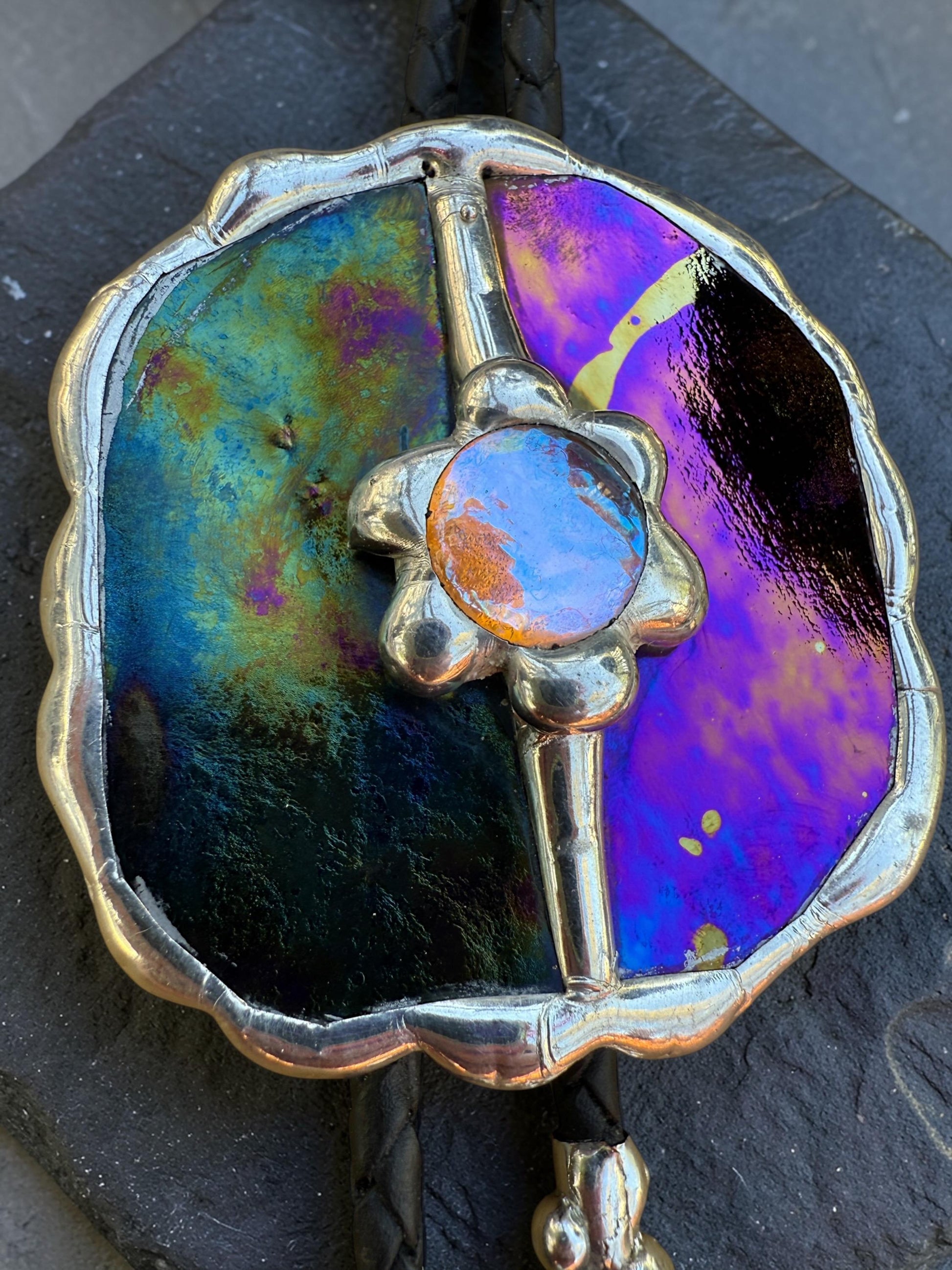 Celestial Stained Glass Bolo Tie – Holographic Handmade Western Statement Necklace – Fantasy Jewelry for Whimsigoth Festival Fashion