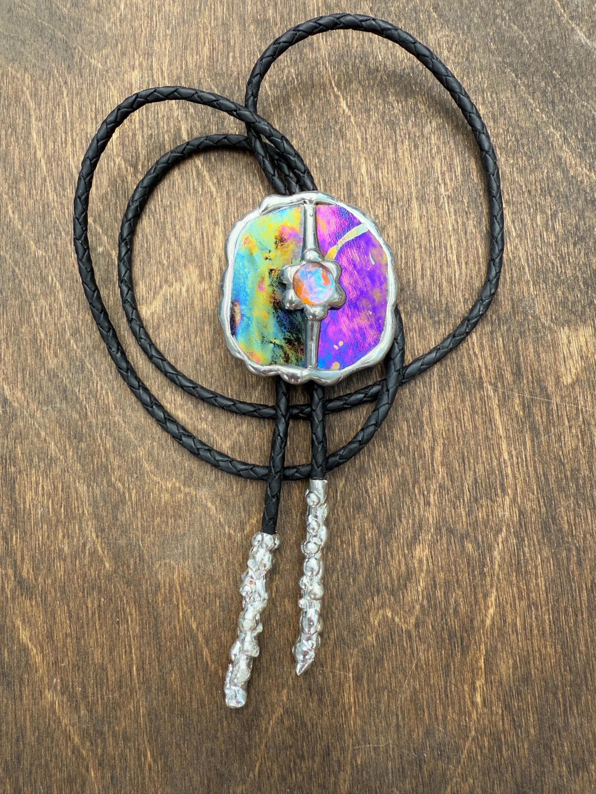 Celestial Stained Glass Bolo Tie – Holographic Handmade Western Statement Necklace – Fantasy Jewelry for Whimsigoth Festival Fashion