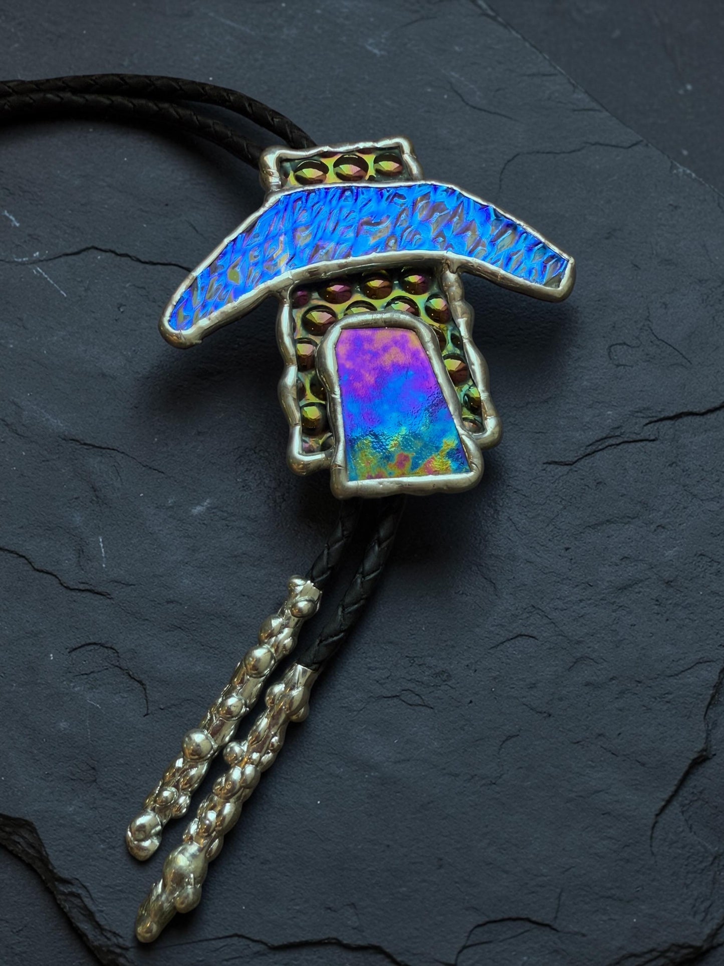 Brutalist Stained Glass Bolo Tie – Handmade Western Necklace | Whimsical Jewelry for Festival Fashion and Celestial Cowboy Vibes
