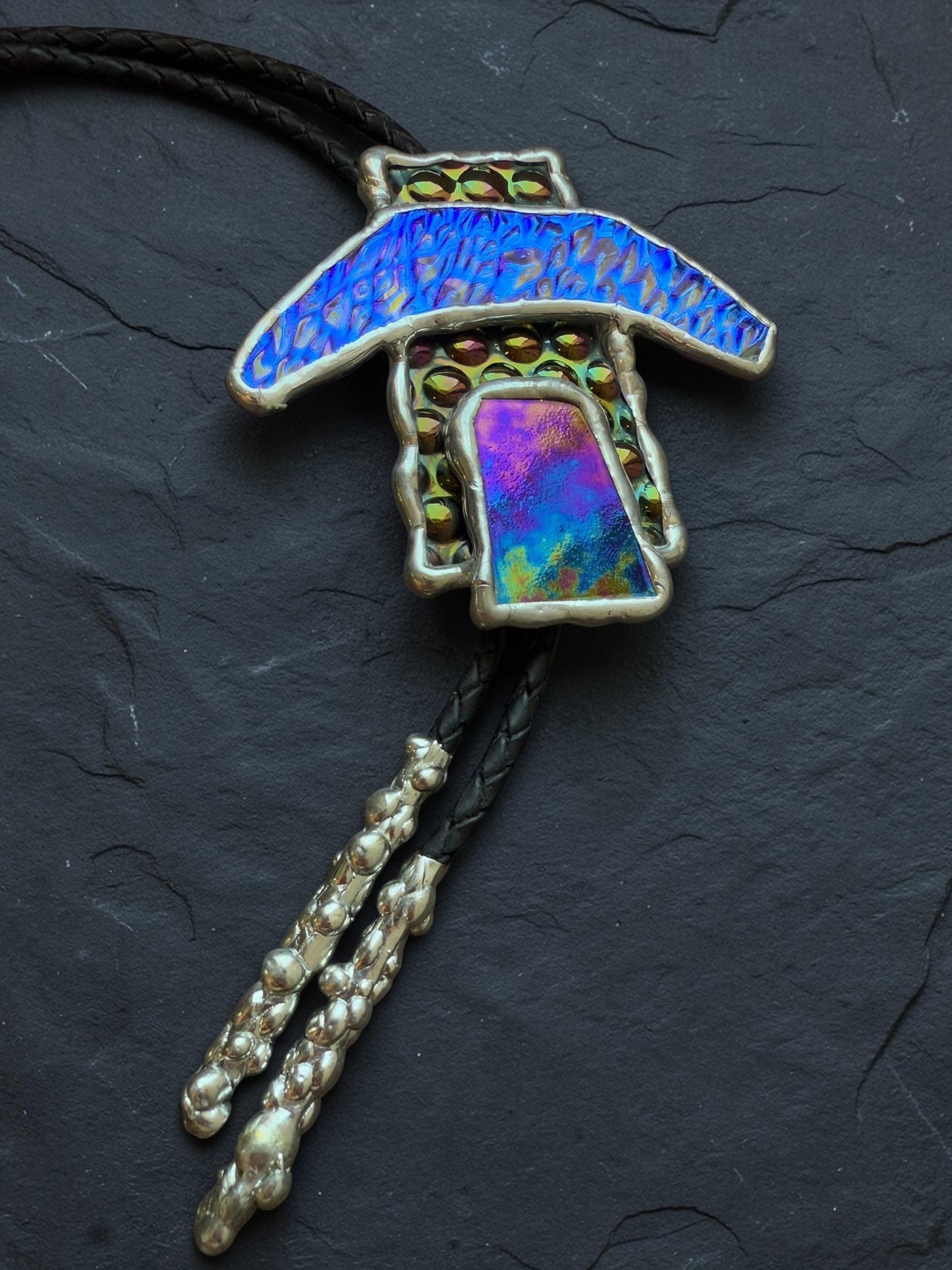 Brutalist Stained Glass Bolo Tie – Handmade Western Necklace | Whimsical Jewelry for Festival Fashion and Celestial Cowboy Vibes