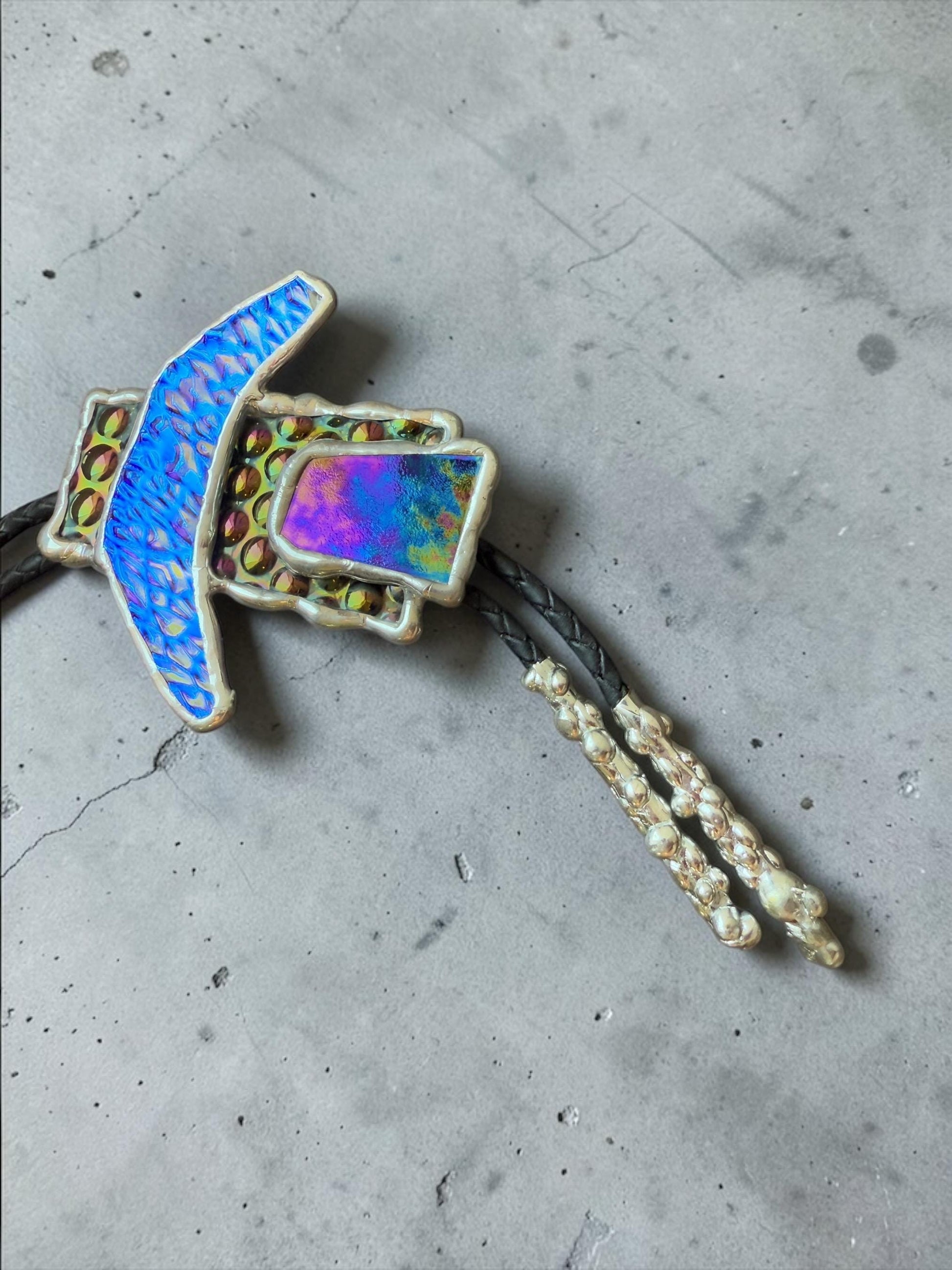 Brutalist Stained Glass Bolo Tie – Handmade Western Necklace | Whimsical Jewelry for Festival Fashion and Celestial Cowboy Vibes