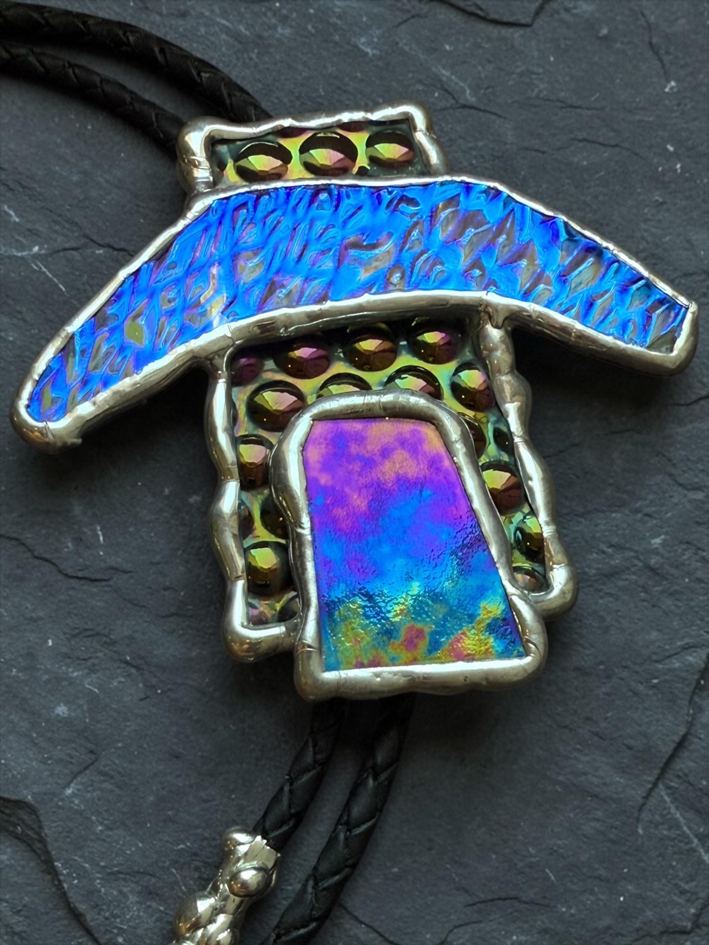 Brutalist Stained Glass Bolo Tie – Handmade Western Necklace | Whimsical Jewelry for Festival Fashion and Celestial Cowboy Vibes