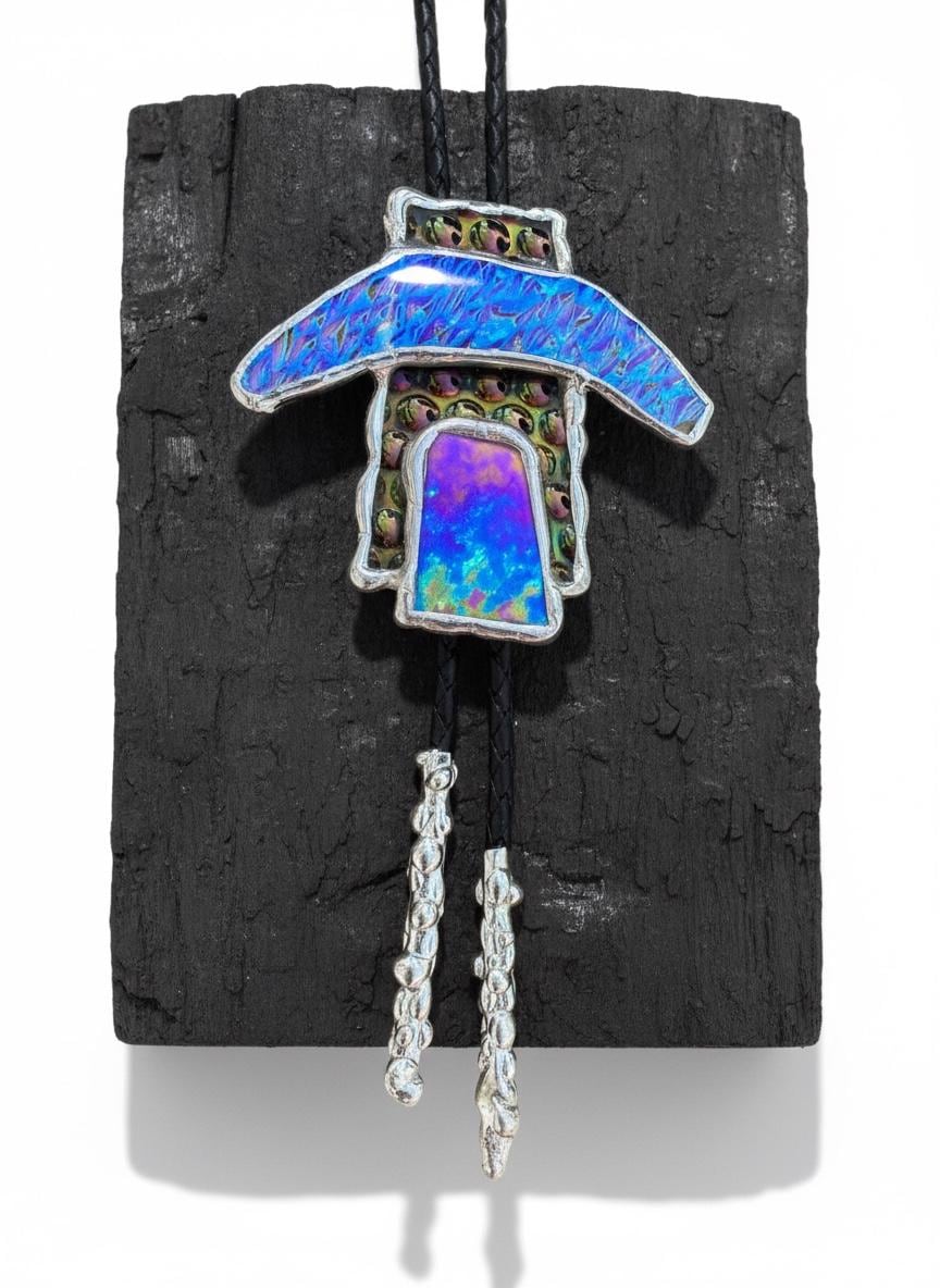 Brutalist Stained Glass Bolo Tie – Handmade Western Necklace | Whimsical Jewelry for Festival Fashion and Celestial Cowboy Vibes