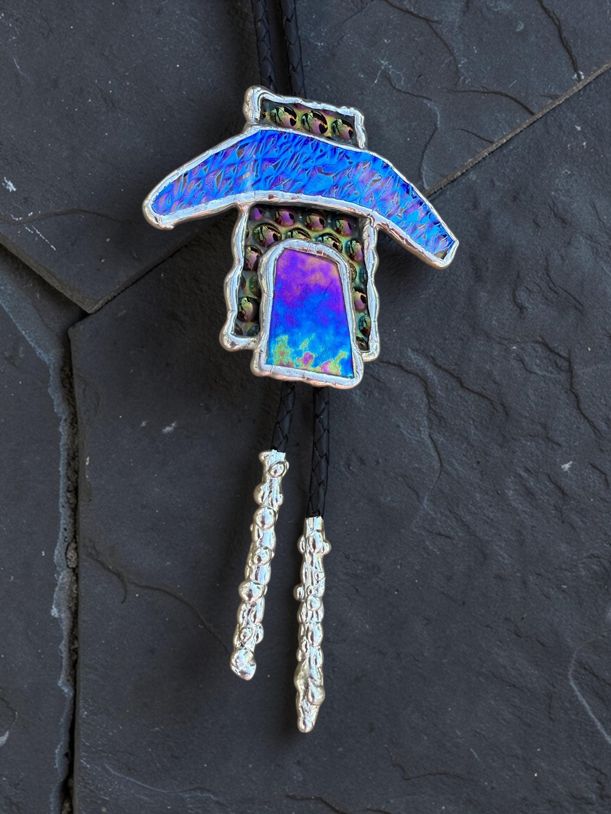 Brutalist Stained Glass Bolo Tie – Handmade Western Necklace | Whimsical Jewelry for Festival Fashion and Celestial Cowboy Vibes