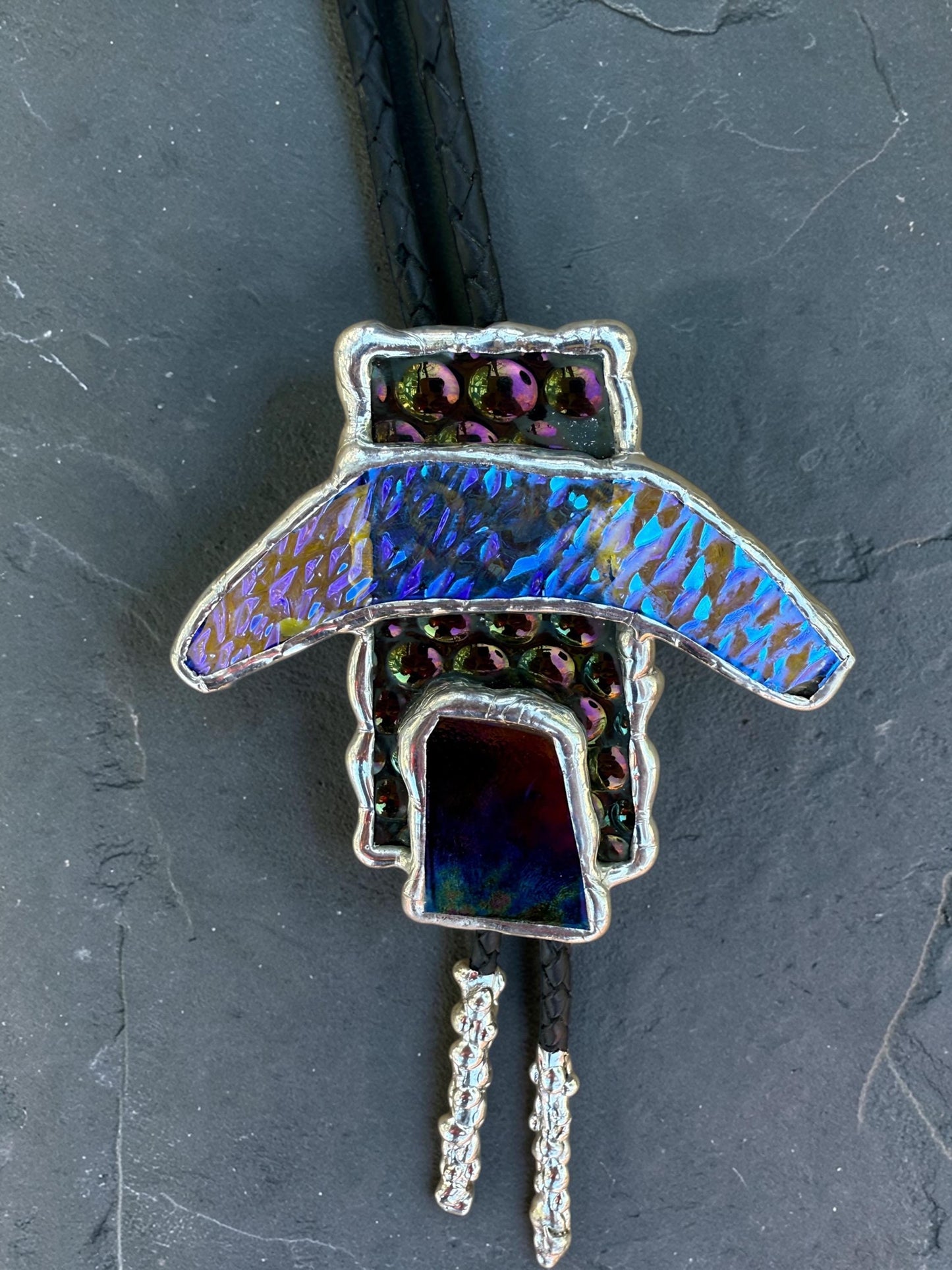 Brutalist Stained Glass Bolo Tie – Handmade Western Necklace | Whimsical Jewelry for Festival Fashion and Celestial Cowboy Vibes