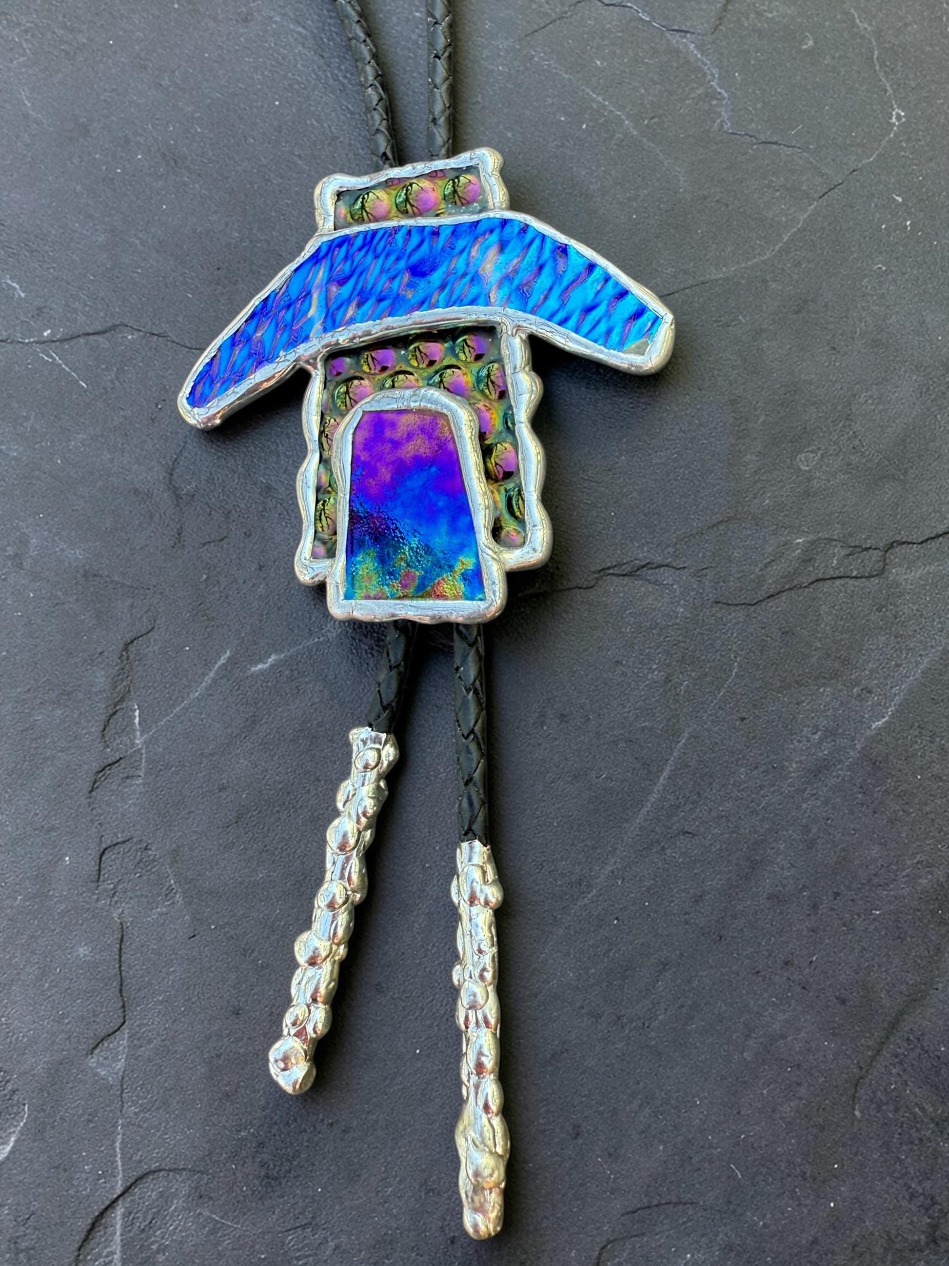 Brutalist Stained Glass Bolo Tie – Handmade Western Necklace | Whimsical Jewelry for Festival Fashion and Celestial Cowboy Vibes