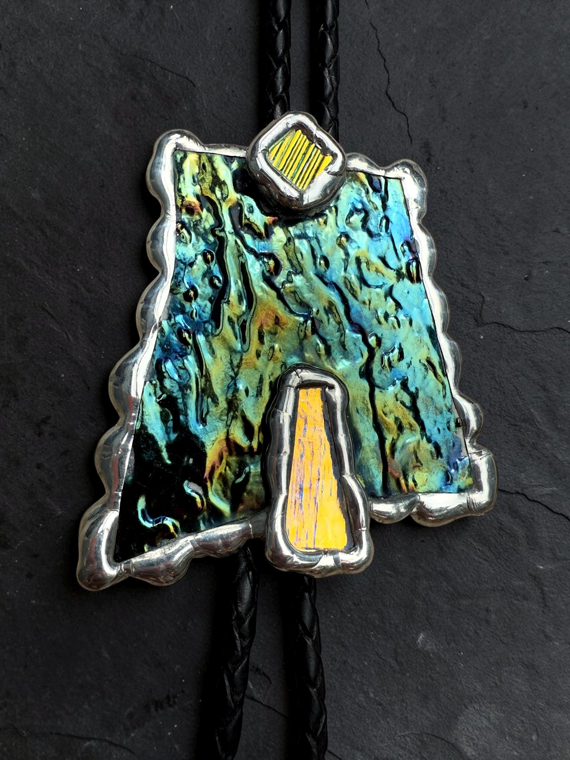 Brutalist Stained Glass Bolo Tie – Handmade Western Necklace | Whimsical Jewelry for Festival Fashion and Celestial Cowboy Vibes