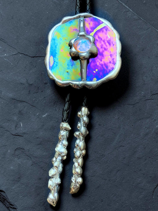 Celestial Stained Glass Bolo Tie – Holographic Handmade Western Statement Necklace – Fantasy Jewelry for Whimsigoth Festival Fashion