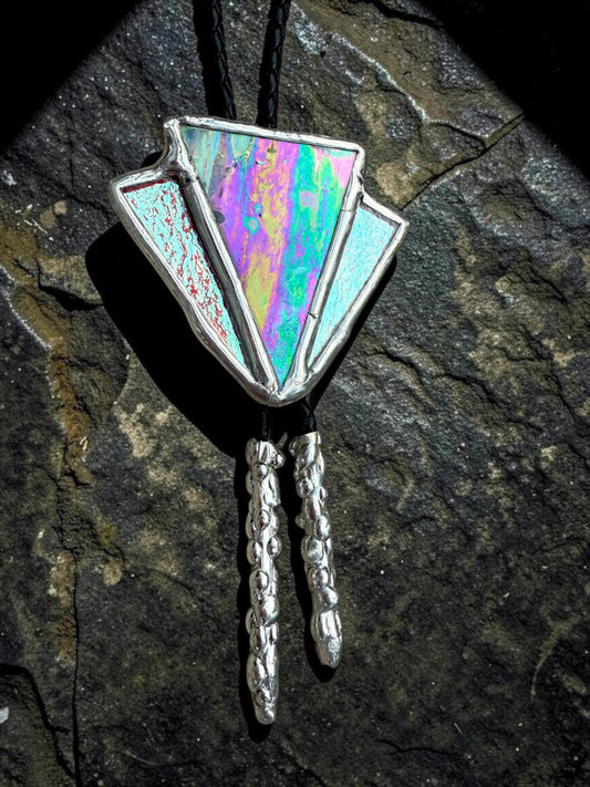 Aurora Art Deco Stained Glass Bolo Tie – Handmade Western Cord Statement Necklace – Whimsical Jewelry + Celestial Cowboy Fashion
