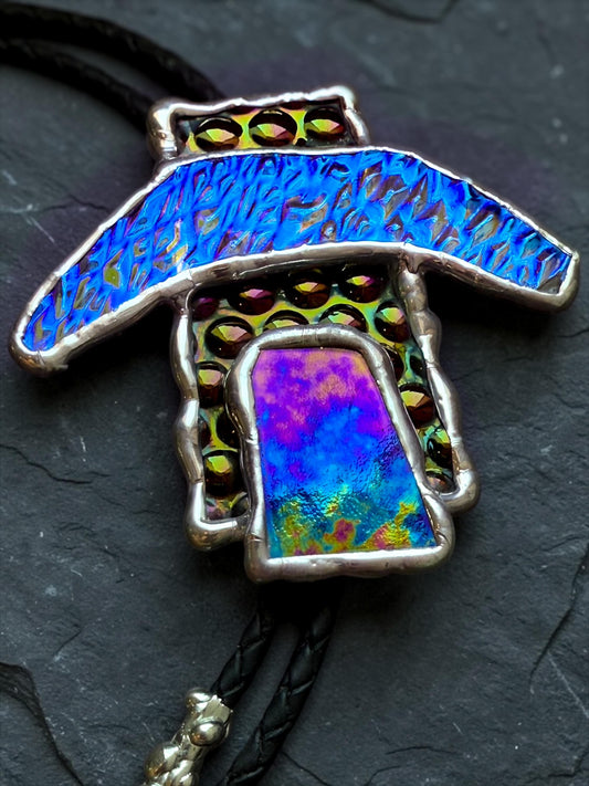Brutalist Stained Glass Bolo Tie – Handmade Western Necklace | Whimsical Jewelry for Festival Fashion and Celestial Cowboy Vibes