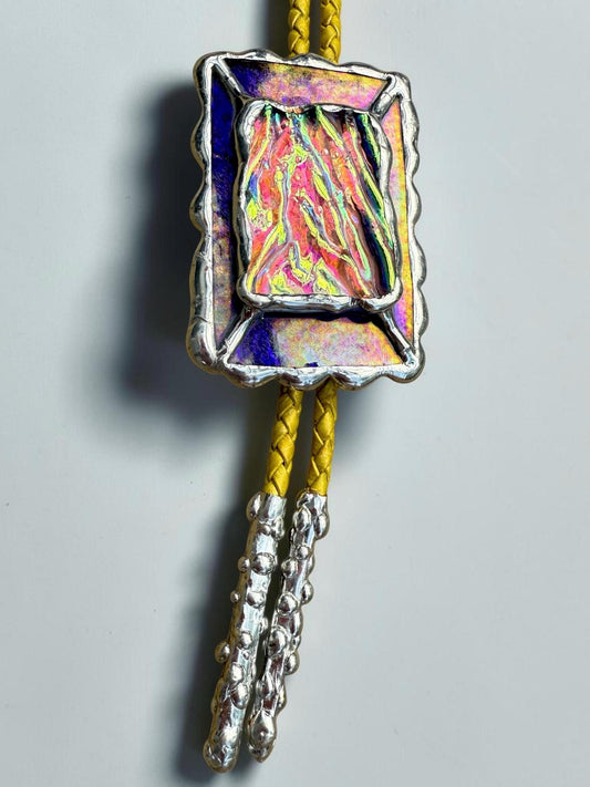 Holographic Stained Glass Bolo Tie – Cobalt Blue + Yellow Western Statement Cord Necklace for Festival, Rave and Celestial Cowboy Fashion