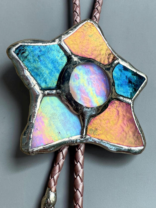 Whimsigoth Star Bolo Tie – Handmade Stained Glass Western Statement Necklace – Whimsical Jewelry for Festival Fashion and Celestial Beings