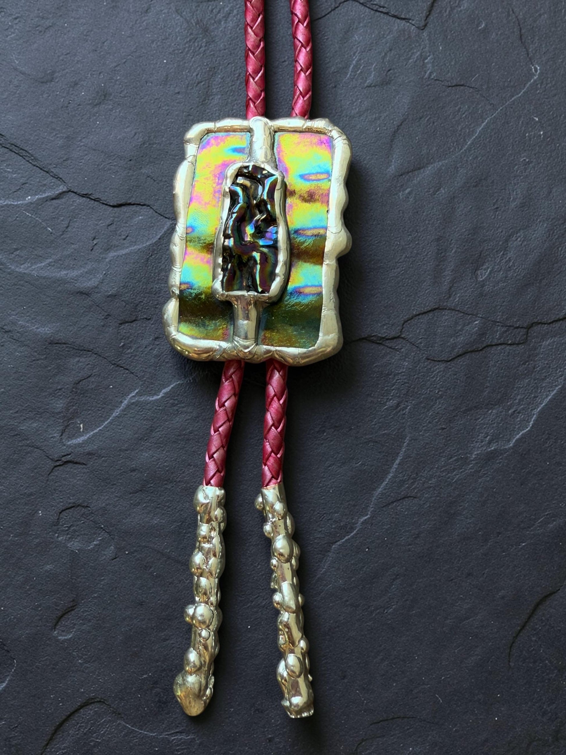Brutalist Holographic Stained Glass Bolo Tie – Handmade Western Necklace | Whimsical Jewelry for Festival Fashion and Celestial Cowboy Vibes