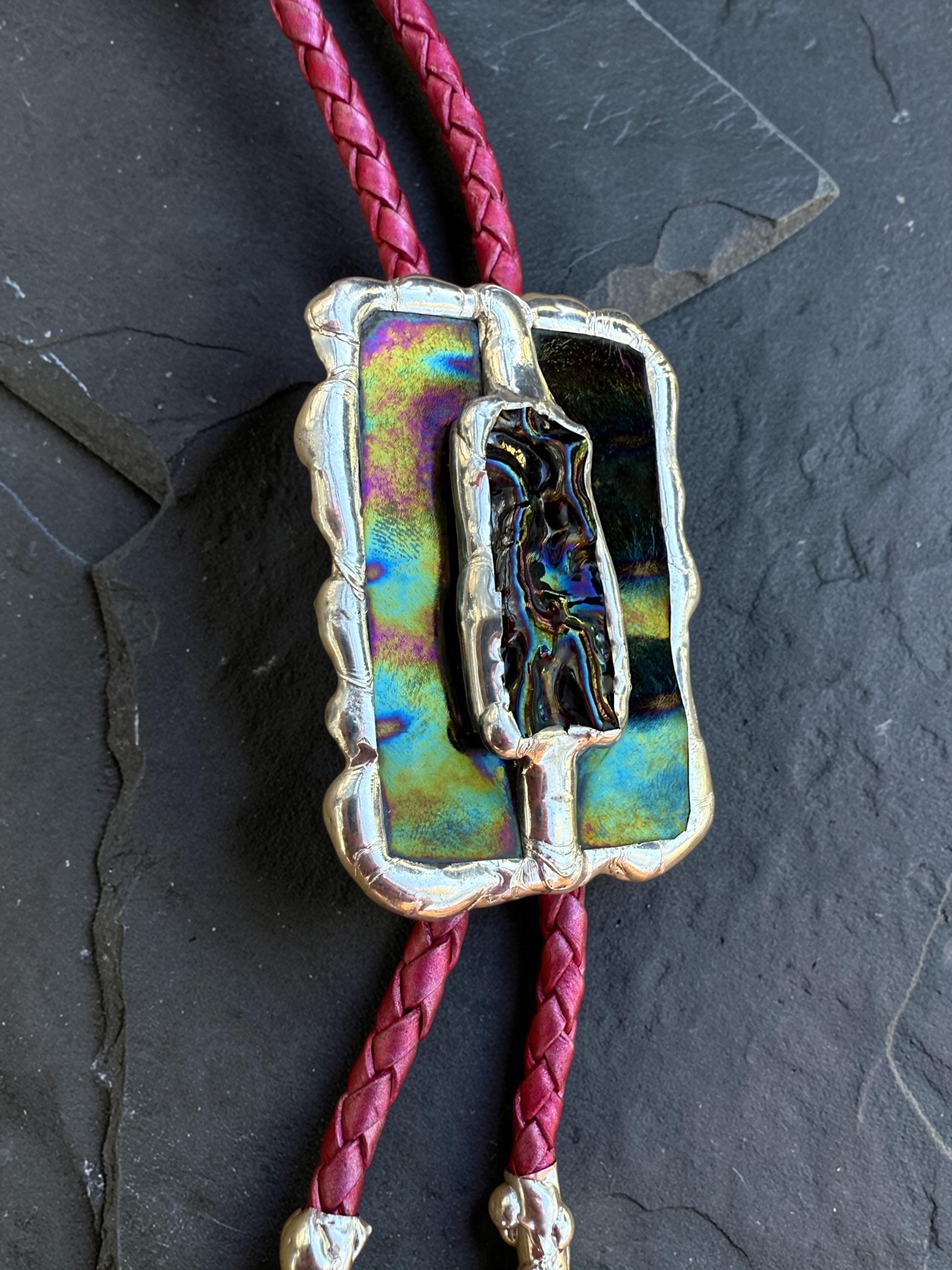 Brutalist Holographic Stained Glass Bolo Tie – Handmade Western Necklace | Whimsical Jewelry for Festival Fashion and Celestial Cowboy Vibes