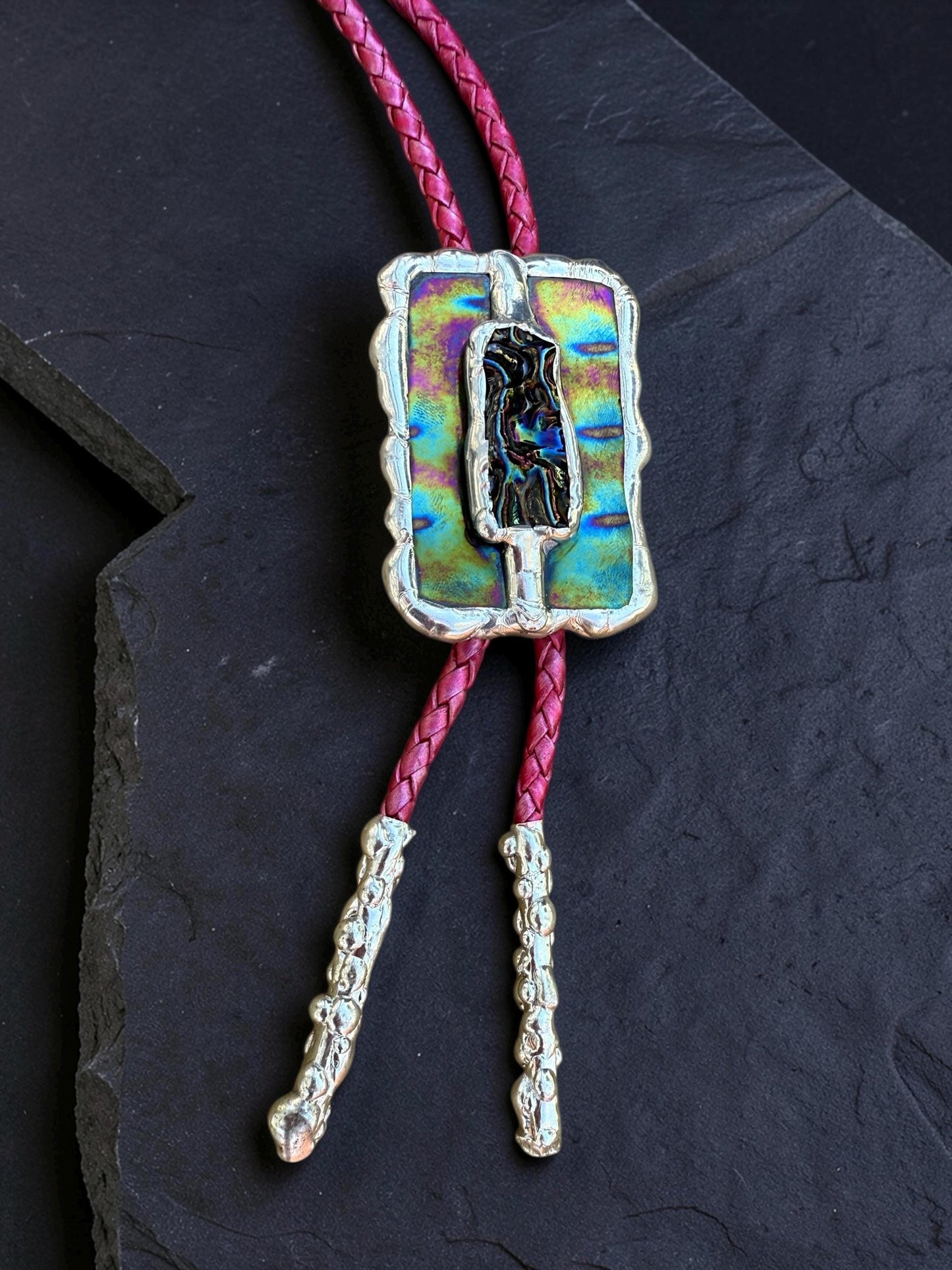 Brutalist Holographic Stained Glass Bolo Tie – Handmade Western Necklace | Whimsical Jewelry for Festival Fashion and Celestial Cowboy Vibes