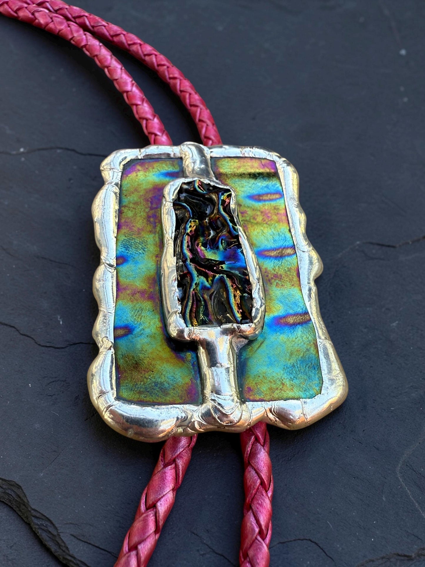 Brutalist Holographic Stained Glass Bolo Tie – Handmade Western Necklace | Whimsical Jewelry for Festival Fashion and Celestial Cowboy Vibes