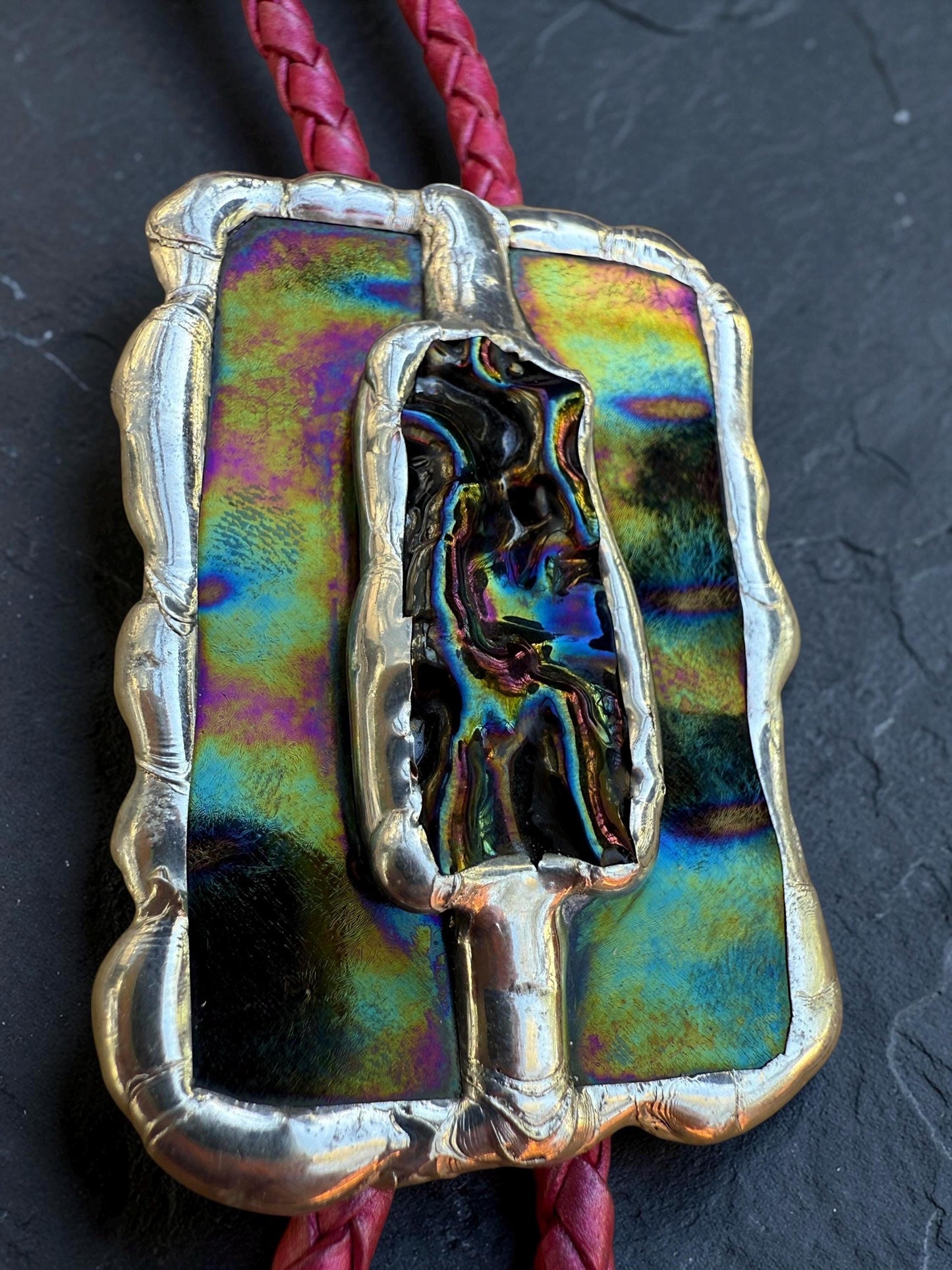 Brutalist Holographic Stained Glass Bolo Tie – Handmade Western Necklace | Whimsical Jewelry for Festival Fashion and Celestial Cowboy Vibes